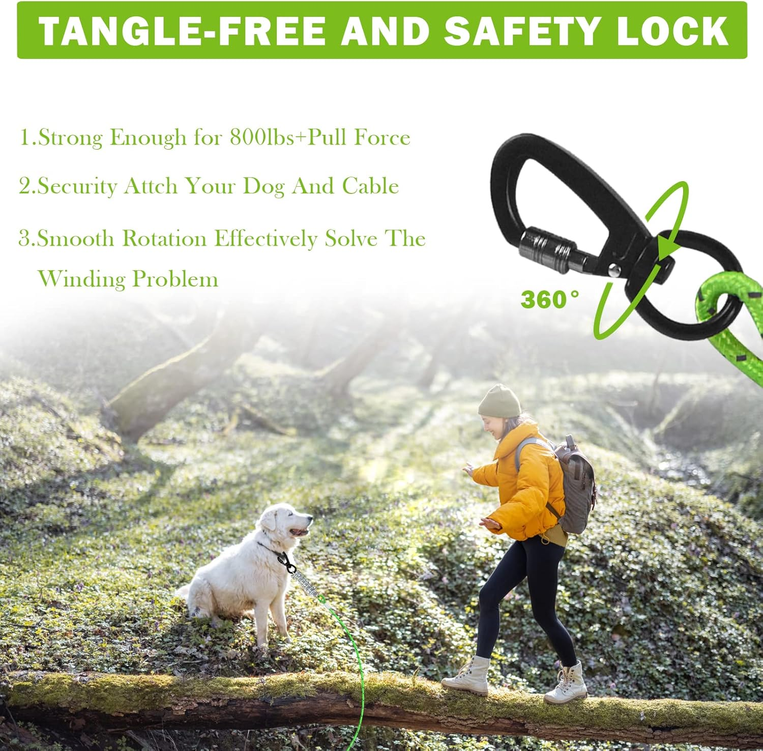 VIVBOO Dog Tie Out Cable 10Ft/15Ft/20Ft/30Ft Dog Runner for Yard and Outdoor with Swivel Hook Green/Blue/Purple Reflective Lead Dog Chains for Training Small to Medium Dogs up to 100Lbs image number 4