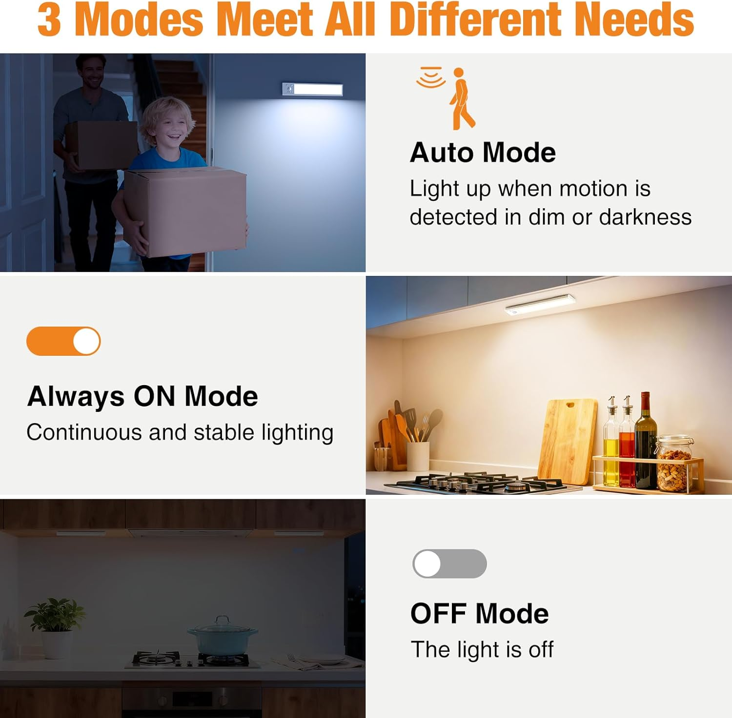 Slochi Cabinet Light with Motion Sensor, 3 Colours, 3000 K/4000 K/6500 K, Dimmable Under-Unit Light, Kitchen, Rechargeable Cabinet Lighting, 3 Modes Magnetic LED Light Strip for Cabinet, Stairs image number 4