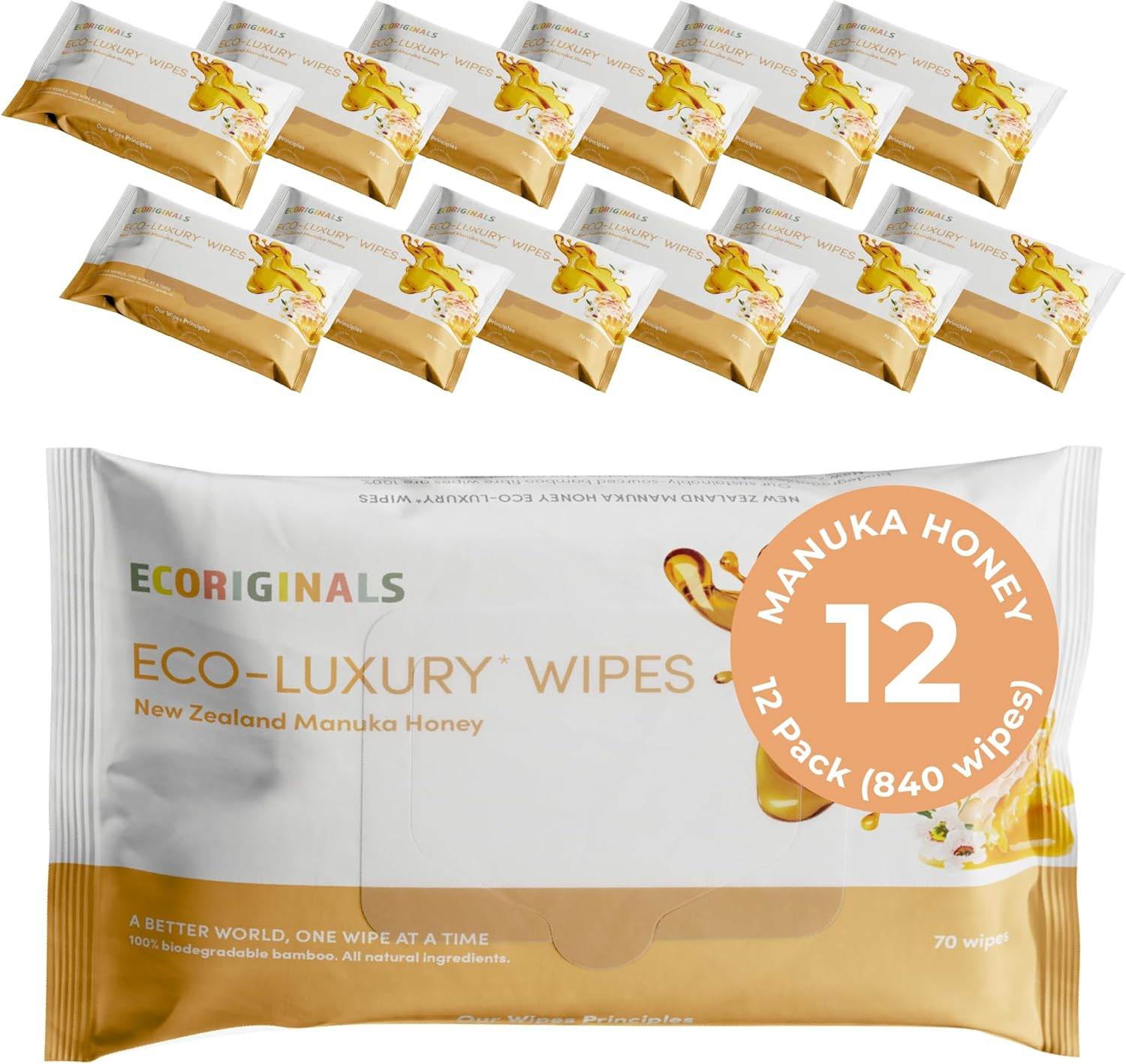 Ecoriginals - 12 Pack of Wet Wipes - Biodegradable Baby Wipes with New Zealand Manuka Honey, Amino Acid & Aloe Vera Extract - Sensitive Baby Wipes - Baby Essentials for Babies, 12 Pack (840 Wipes)