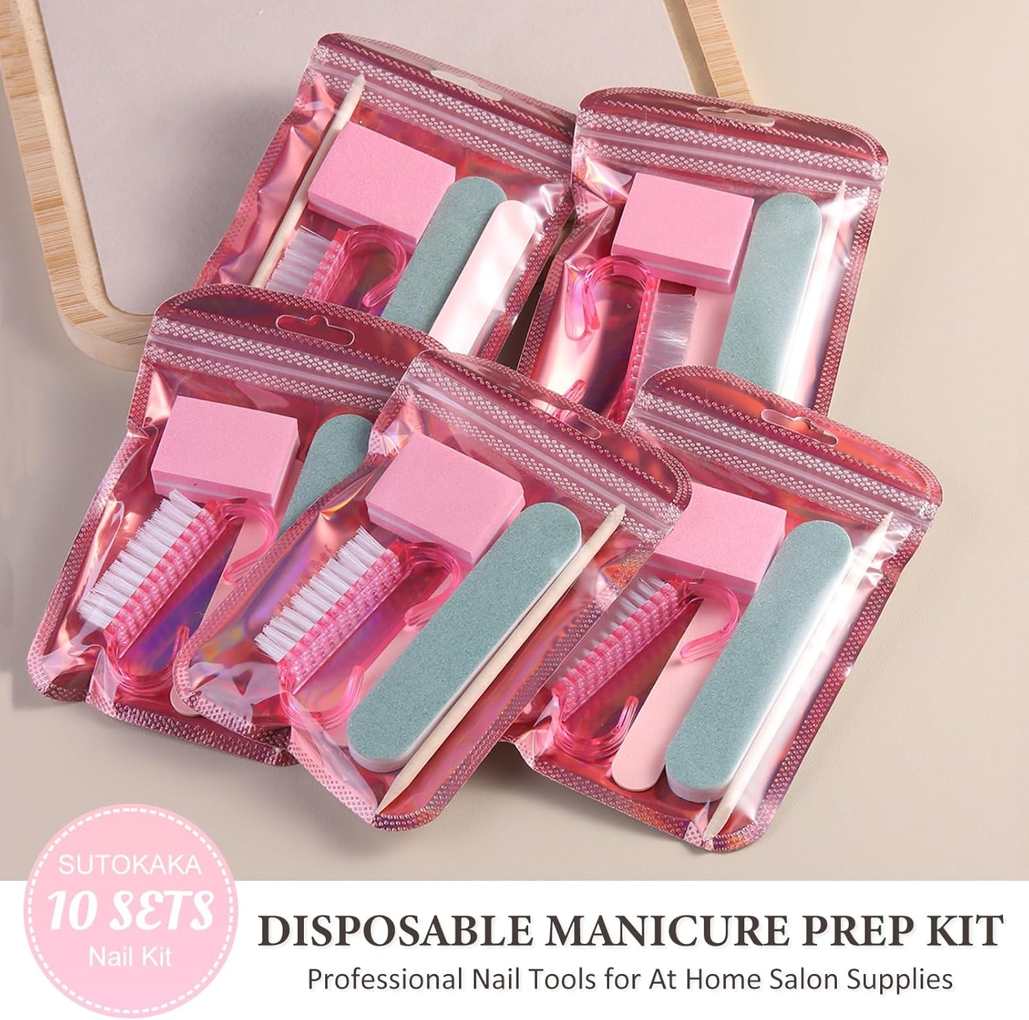 SUTOKAKA 10 Sets Disposable Manicure Prep Kit for Travel Home, Portable Basics 5 in 1 Nail Salon Pedicure Kit, Professional Nail Tool Supplies, Nail File, Mini Buffer, Wood Stick & Handle Grip Brush image number 2