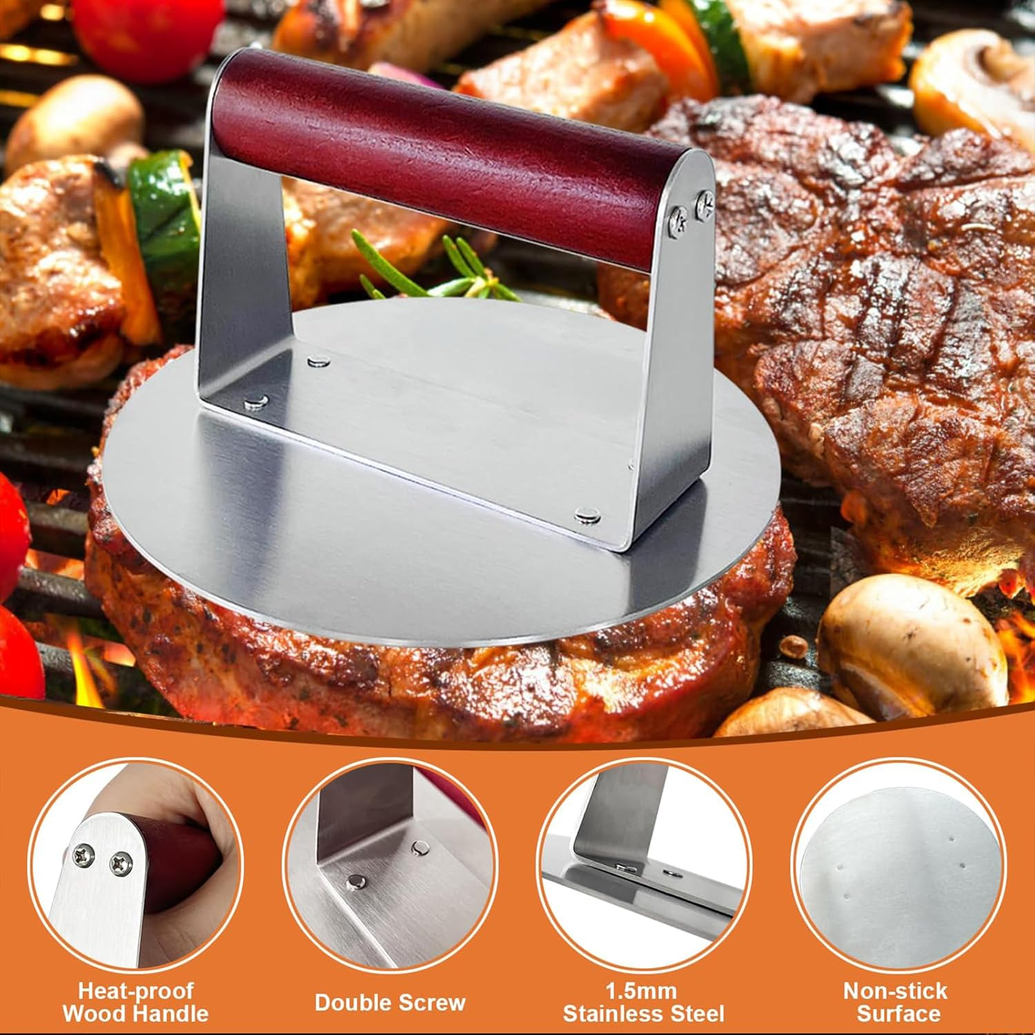 Stainless Steel Burger Crusher, 5.5-Inch round Crusher with Scald Resistant Handle for Crushing Burgers, Bacon, Ground Beef, Meat and Sausage image number 3