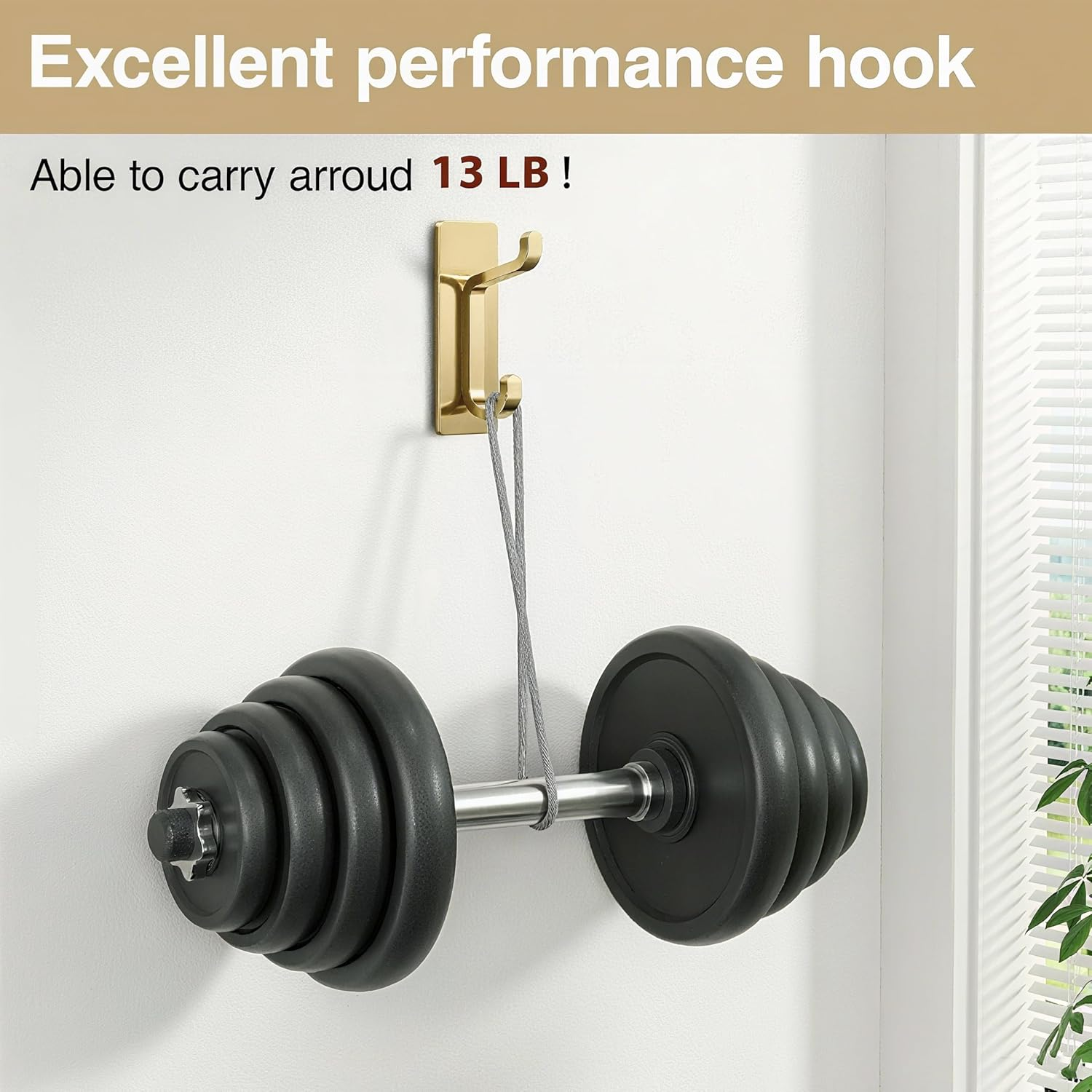 Josmimic Adhesive Towel Hooks: Heavy Duty 12LB Wall Hooks, for Coat/Robe Stick on Bathroom, Gold, 4-Pack, Stainless