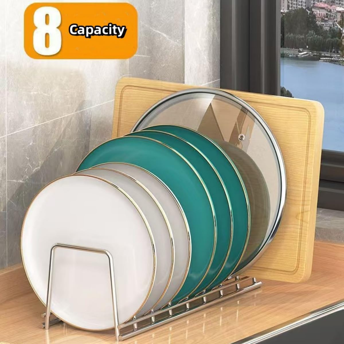 SHUTKMVCW Dish Rack Plates Holder 2 Pack Set, Plate Organizer for Cabinet Space Saver, Pan Lid Organizer, Kitchen Storage Cabinet Organizer for Plates/Bowls/Cups/Lids/Cutting Boards/Spatulas image number 6