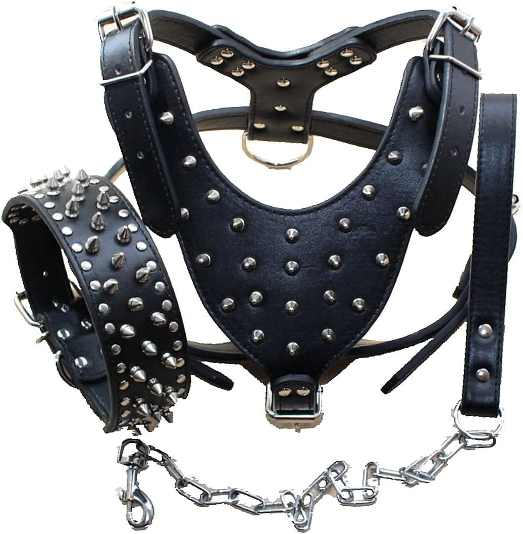 Haoyueer Studded Dog Collars Leather Medium Large Dog Collars Harness and Chain Leashes Matching Set for Pit Bull Mastiff Boxer Bull Terrier (XL, Camouflage)