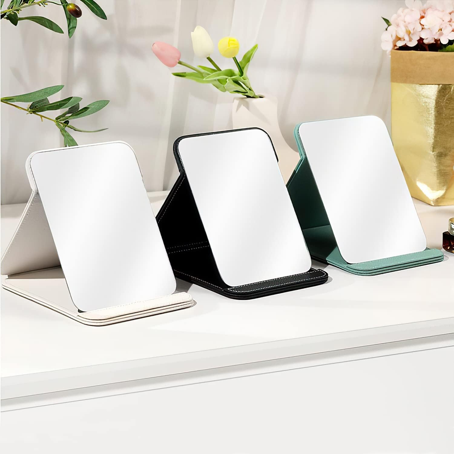 Portable Folding Makeup Mirror, PU Leather Cushioned Cover Vanity Mirror with Stand for Travel Outing Tabletop Personal (White) image number 4