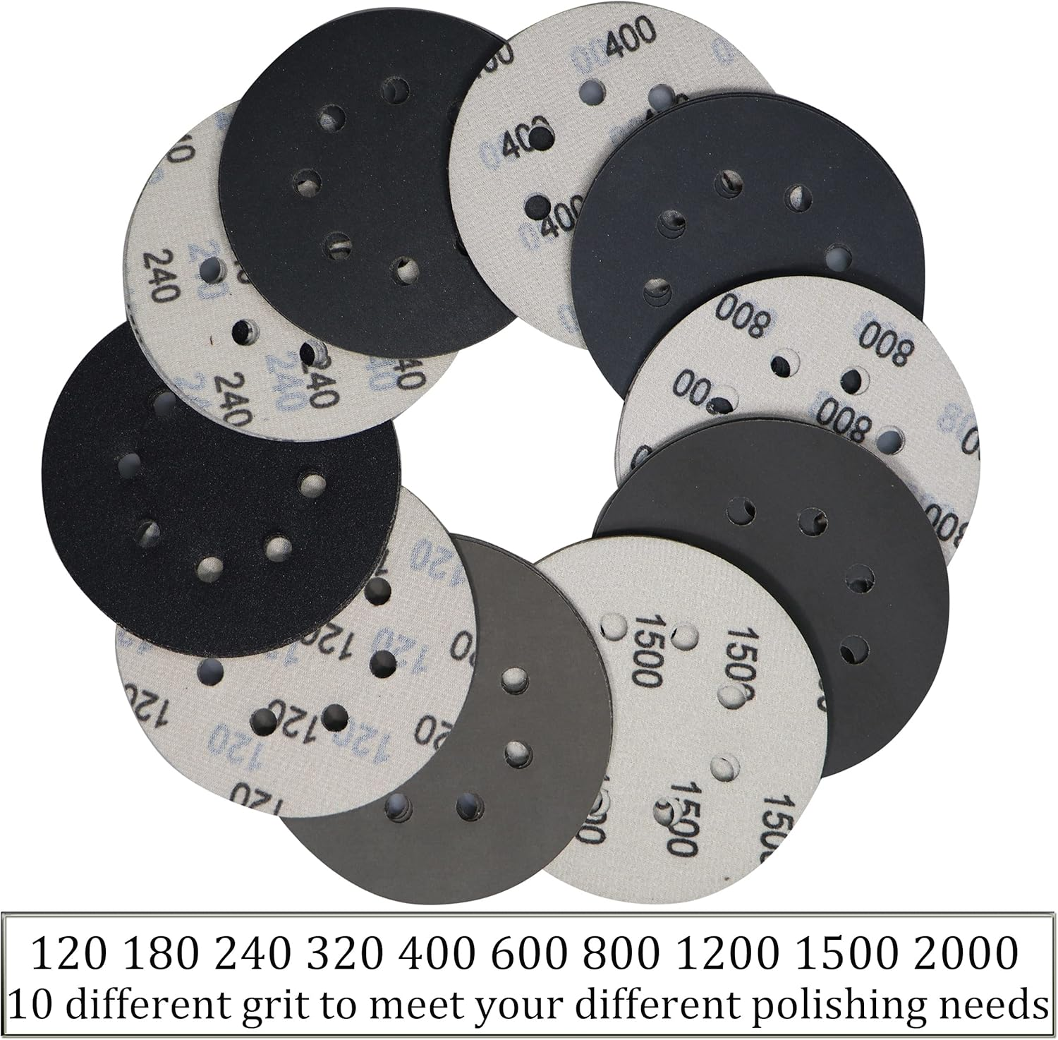 Piowio 50 Pcs 5 Inch 8 Holes Sanding Discs 120 180 240 320 400 600 800 1200 1500 2000 Compatible for Random Orbital Sander (#120 - #2000 Each Grit 5 Pcs Black)