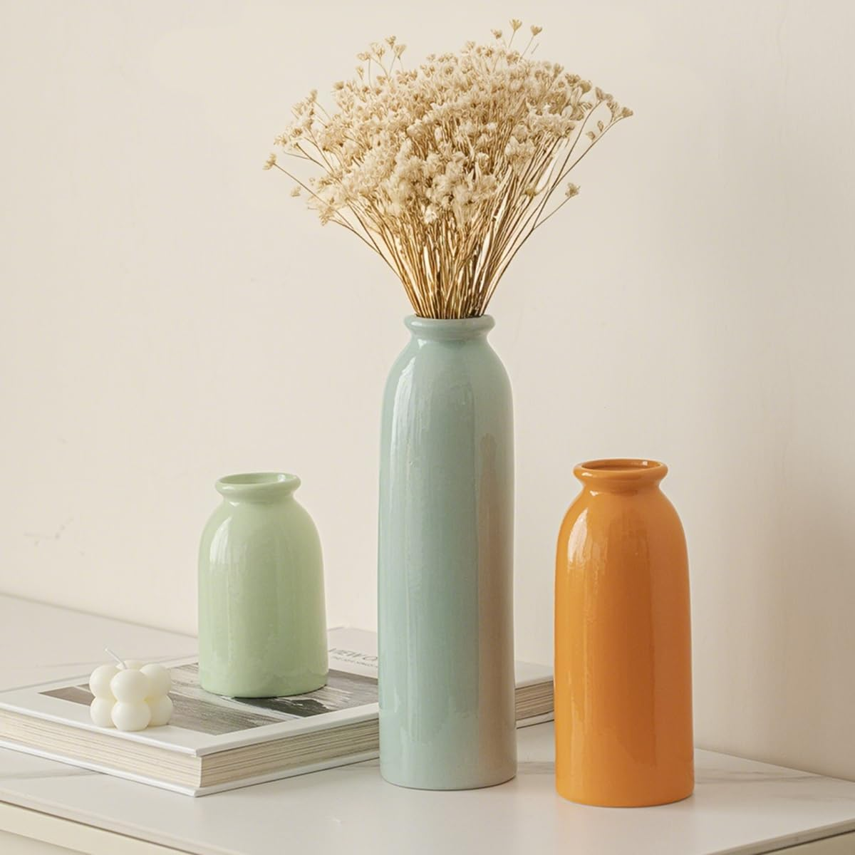 10.4 Inches Tall Decorative Ceramic Vase Set, 3 Pieces, Nordic Modern Boho Style, White, for Home Decor (Colorful) - Black Mix image number 4