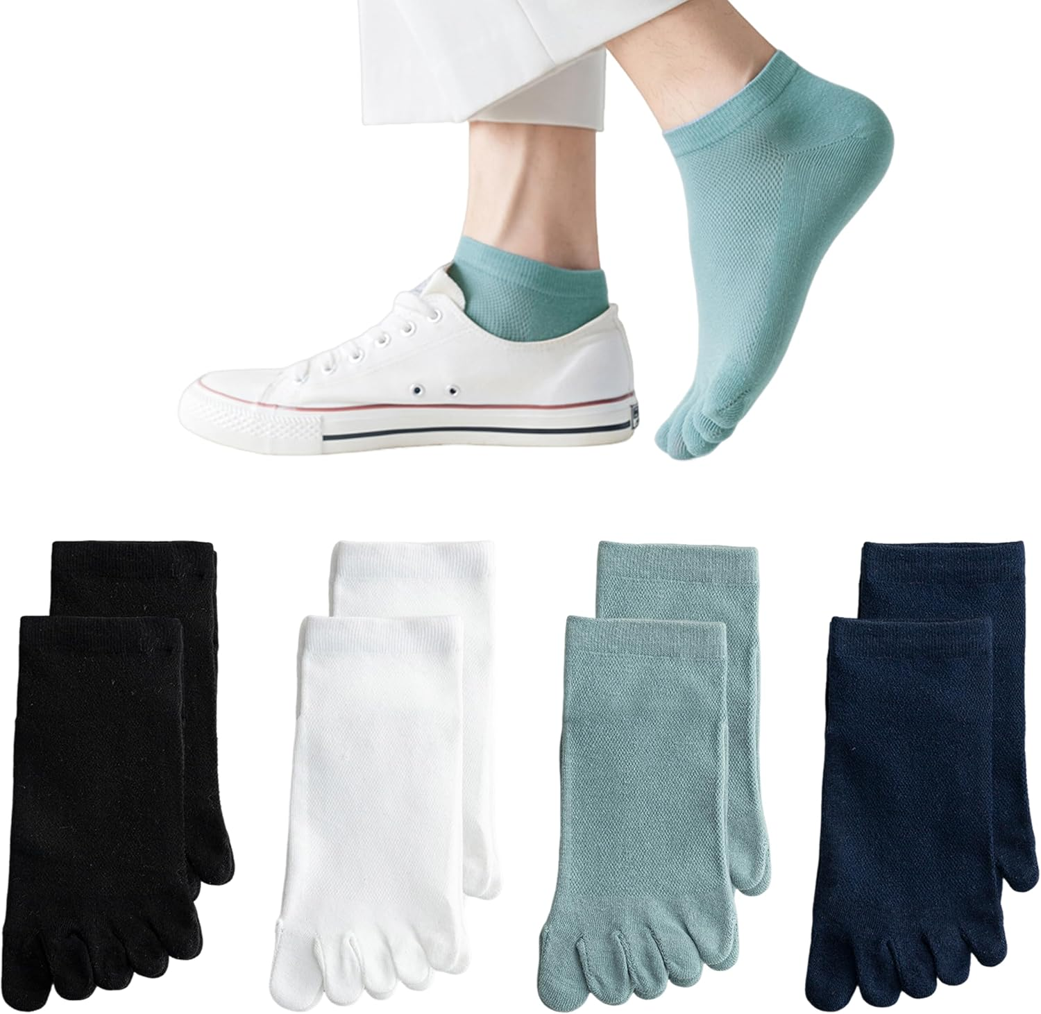 JIEYUMAO Five Finger Socks, 4 Pairs Toe Socks for Men Women, 4 Colors Lightweight Athletic Running Socks, Breathable Five Finger Crew Socks Compression Toe Socks for Yoga Running Hiking image number 4