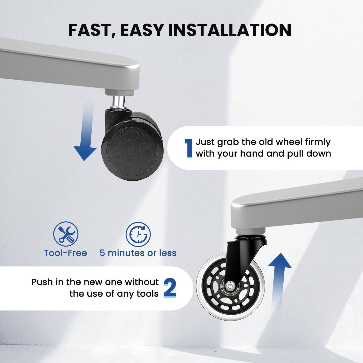 Office Chair Wheels (5Pcs), Necomi Office 3 Inch Replacement Chair Wheels 11X22Mm Replacement Desk Chair Wheels for Hard Floor Casters 5 Piece Heavy Duty Wheel Replacement Set image number 6