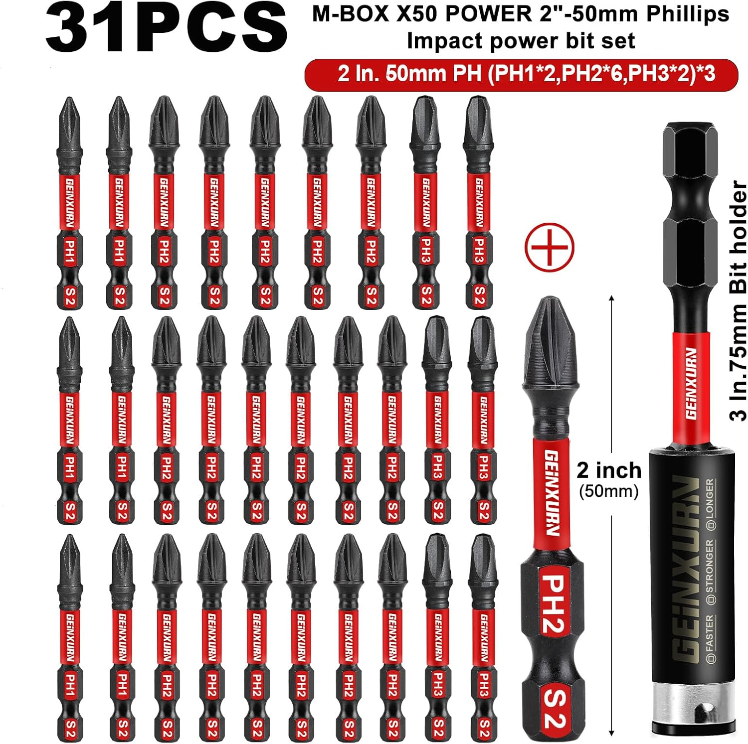 Impact Tough 2 In. (PH1/PH2/PH3) Screwdriver Bits Set,30 Pack Magnetic S2 Steel Phillips Power Driver Bits with 1 Pc Impact Bit Holder and Storage M-Box