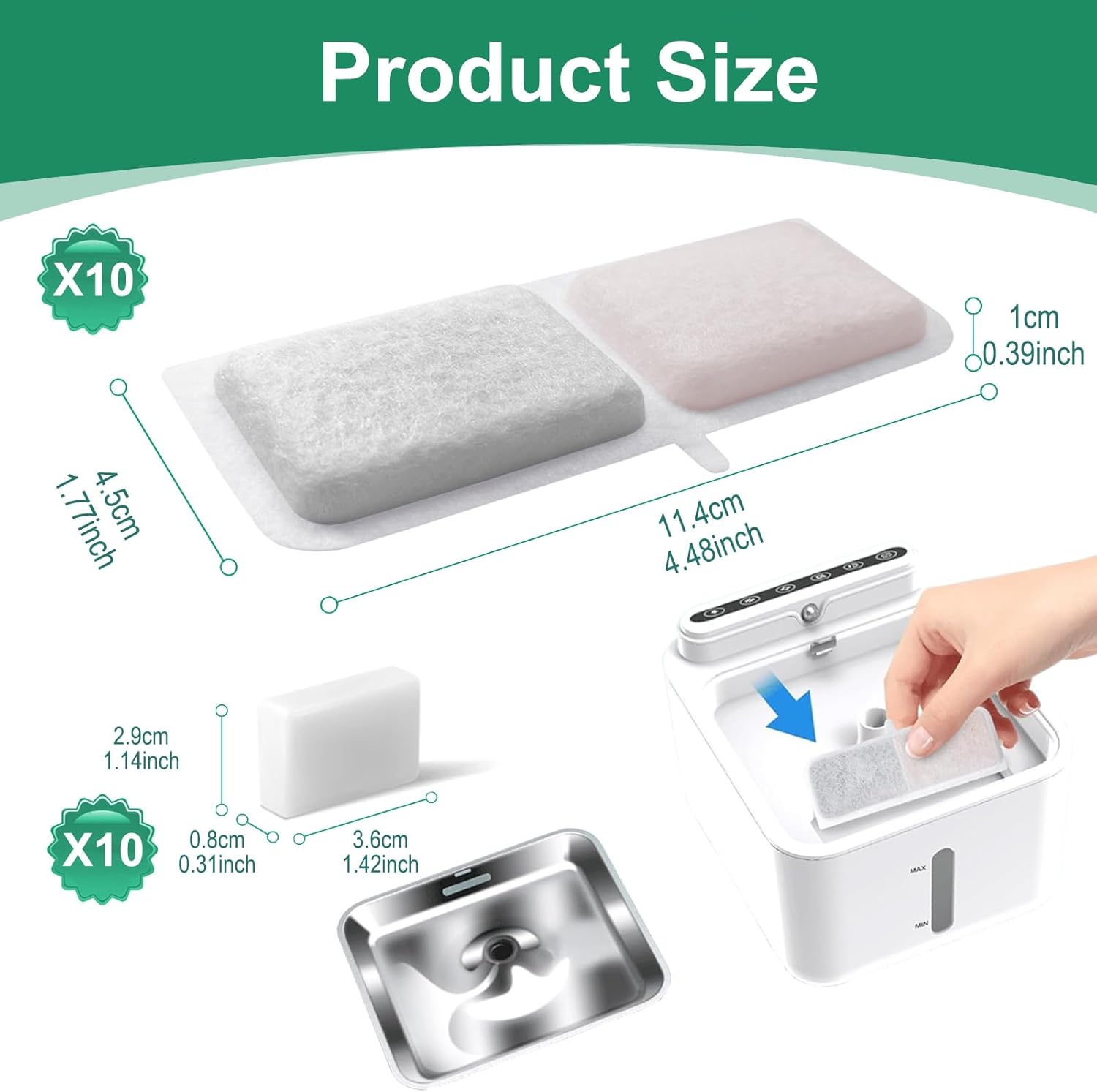 Hantoc Pack of 20 Replacement Filters for Drinking Fountains, Cat Fountains, 10 Pieces Carbon Filters and 10 Pieces Foam Filters for 3.2 L Battery Operated Cat Water Fountain P08 Replacement Filter image number 4