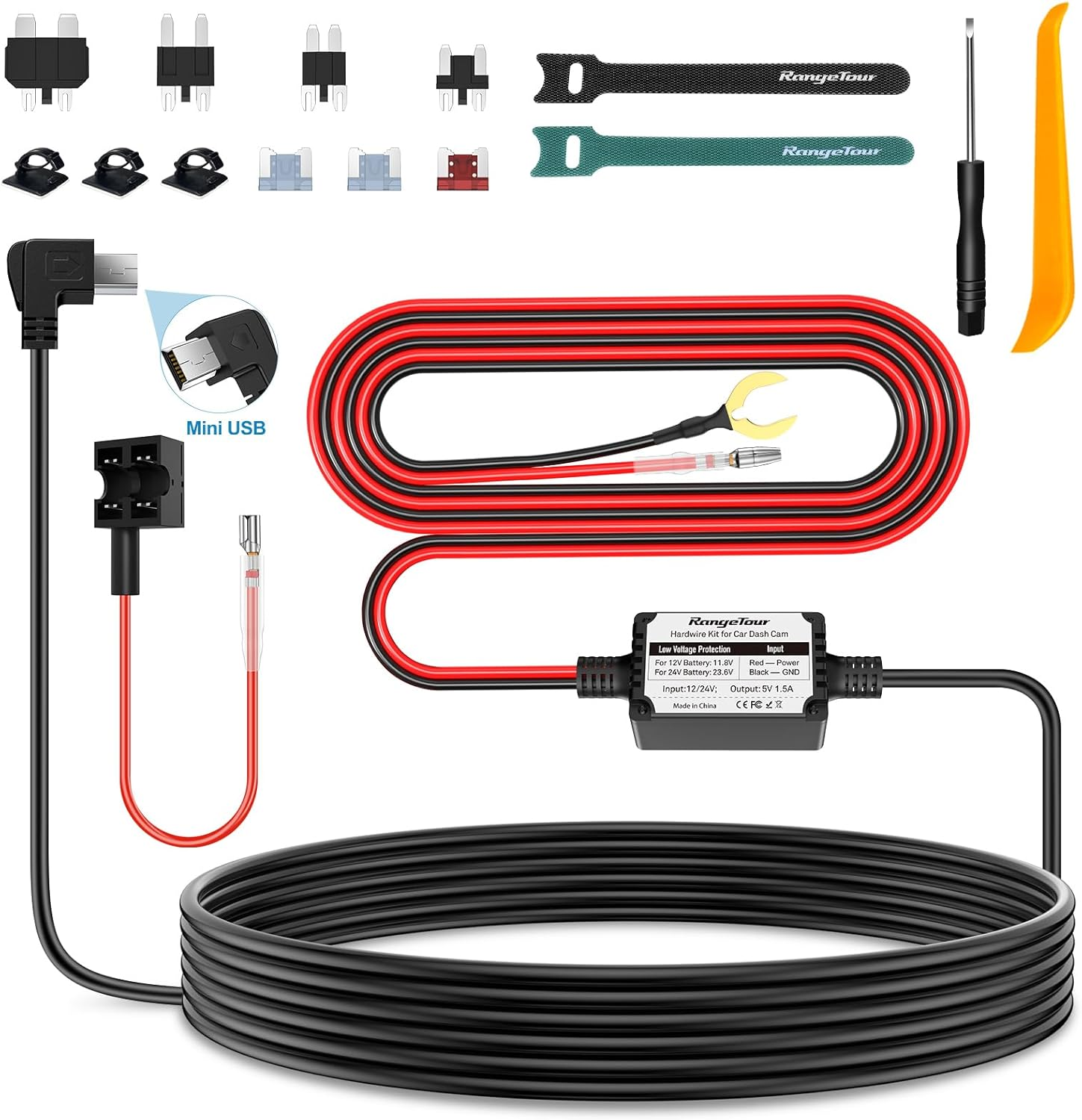 Range Tour Dash Cam Hardwire Kit Mini USB, 4M 12V-24V to 5V 2.5A (Also Fits for 1-2A) Hard Wiring Kit for Car Camera, 4 Power Adapters 3 Fuses