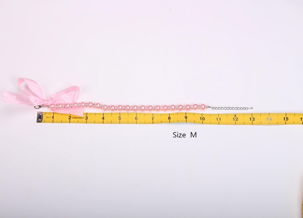 Dog Cat Pearls Necklace Collar with Bling Accessories and Ribbon Bow Pet Puppy Jewelry for Female Dogs Cats Small Medium (M, Pink) image number 4