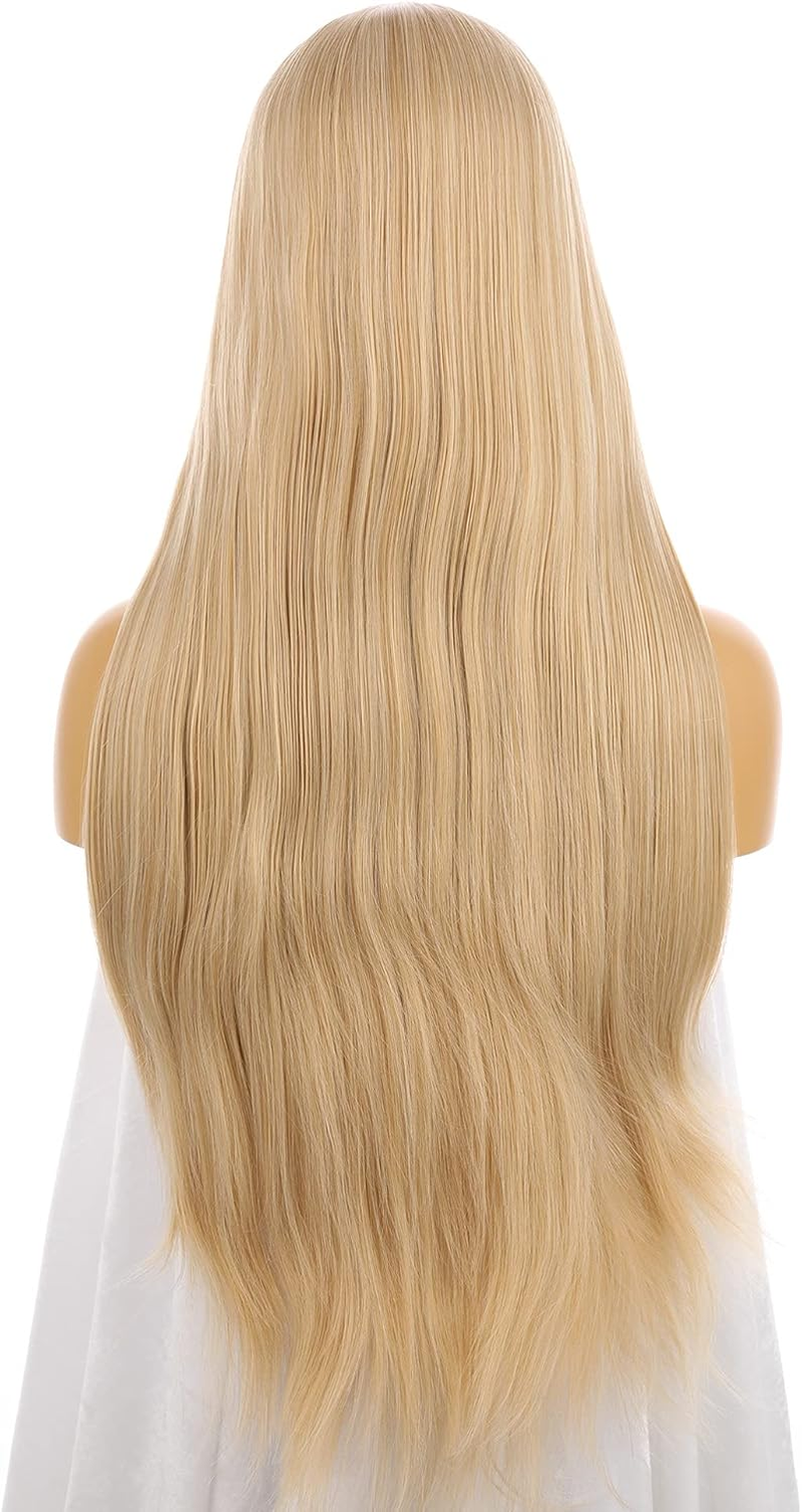 Mixed Blonde Synthetic Hair 13-4-3 Lace Women Wig,26 Inch Long Silky Straight Human Hair Density,100% Hand Made Glue-Less Wig - Black Synthetic Hair 26 Inch image number 4