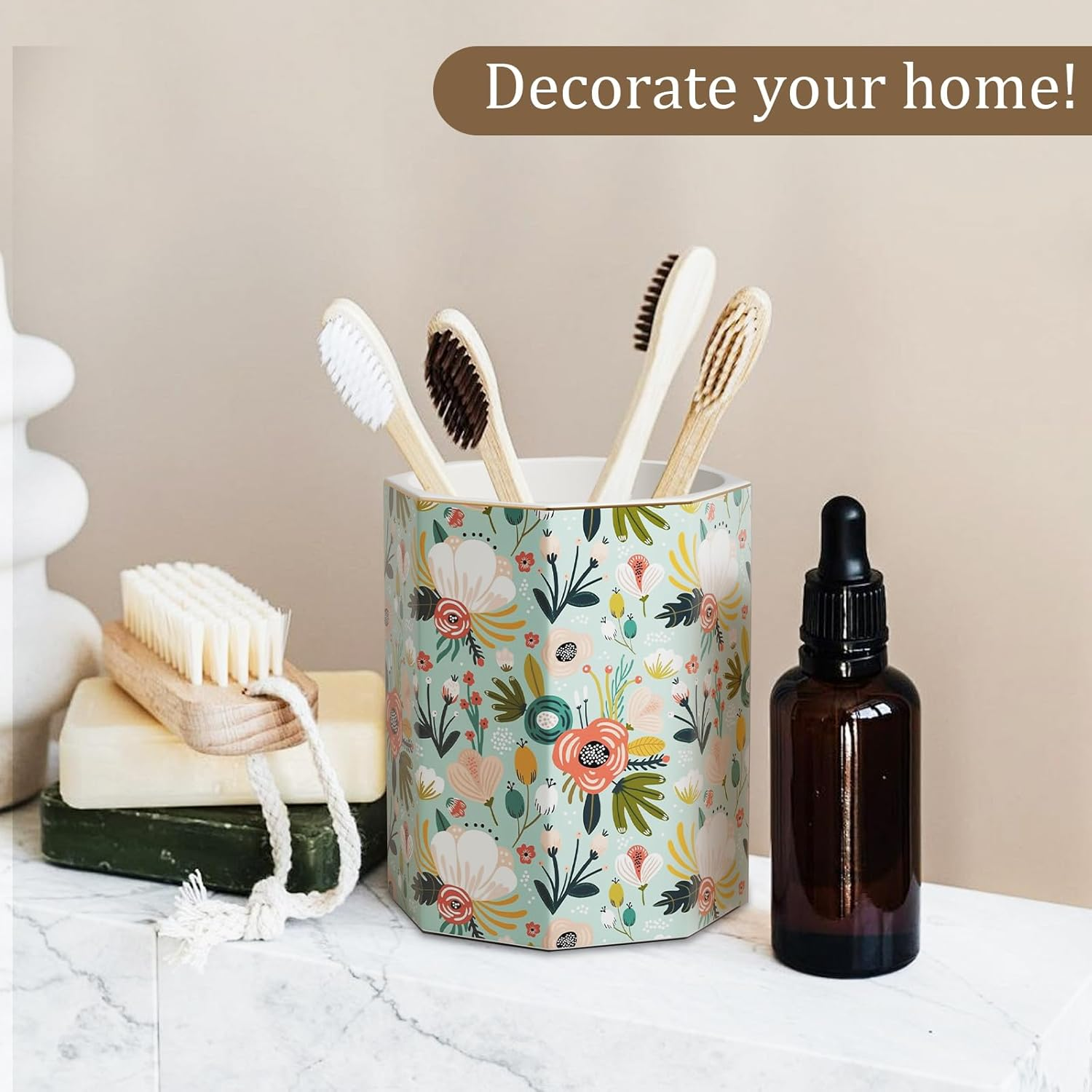 SZXYCZL Pencil Pen Holder Cup Desk Accessories,Beautiful Makeup Brush Holder Makeup Organisers,Durable Stand Desk Organizer Storage for Office Classroom Home-Green Flower image number 4