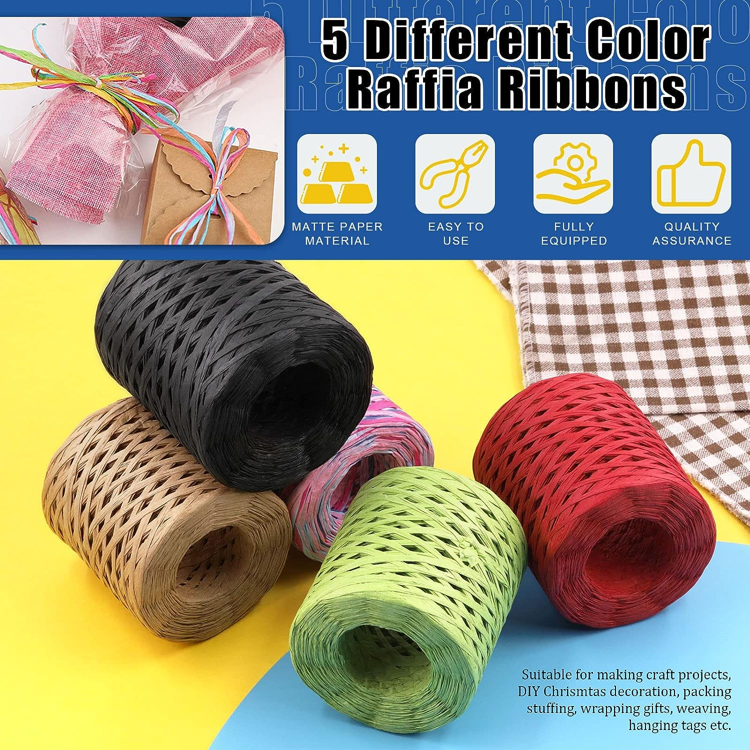 Glarks 200M Raffia Ribbon with Scissors Set, Red Paper Craft String, Natural Kraft Packing Twine for Gift Wrapping and Crafting Supplies