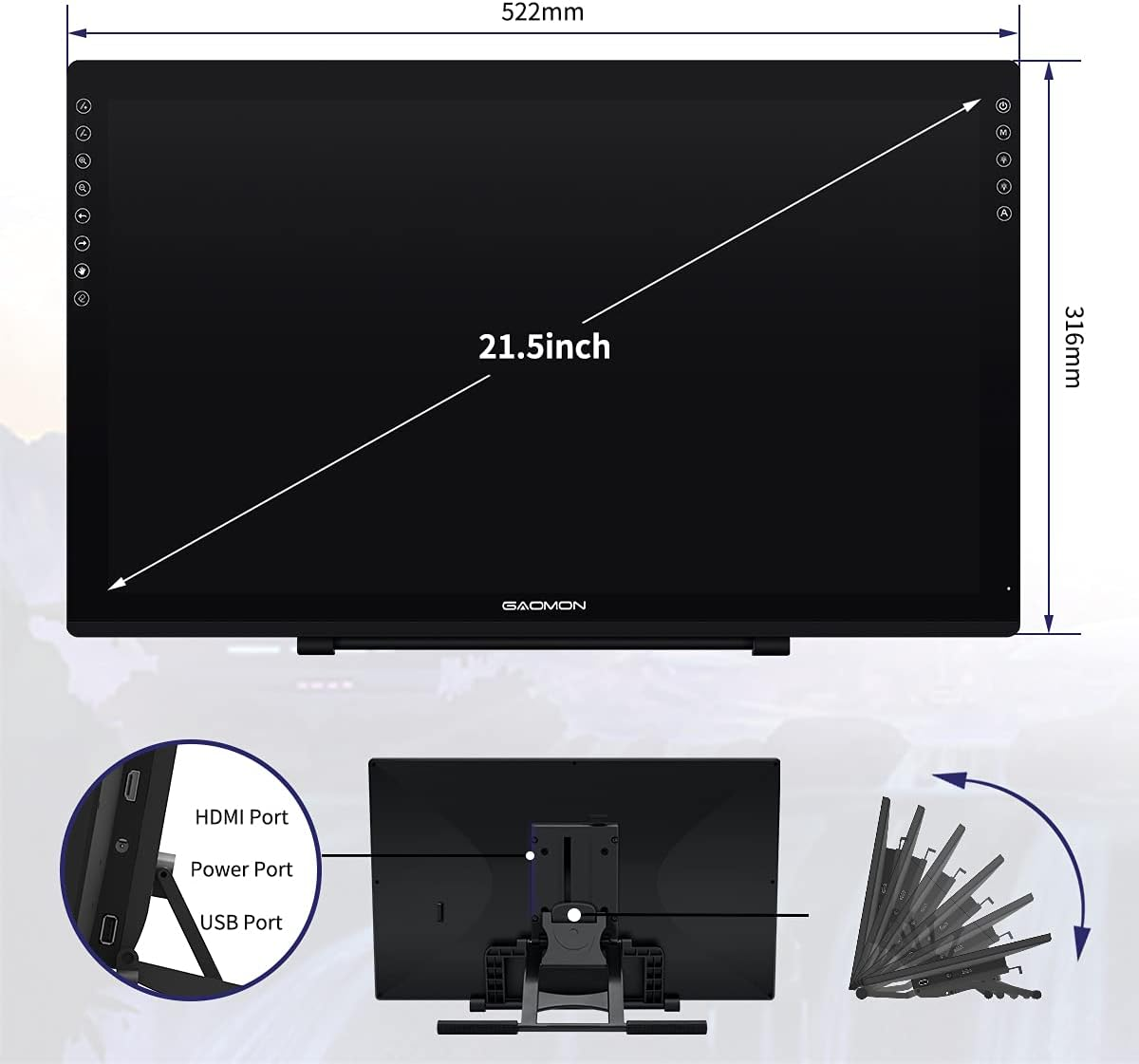 GAOMON PD2200 Drawing Tablet with Screen, Full-Laminated Digital Art Tablet with 8 Touch Buttons, Battery-Free Stylus, Tilt, 130% Srgb, 21.5 Inch Graphics Tablet with Stand for Mac, Windows PC image number 1