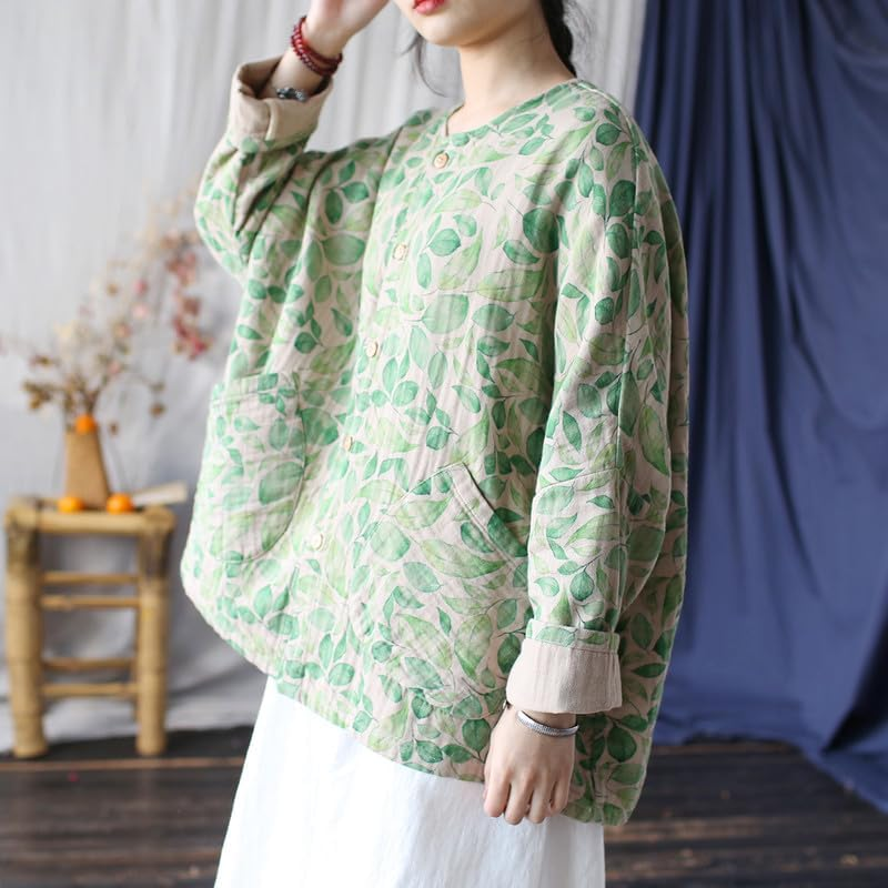 Women'S Vintage Batwing Sleeve Cotton Linen Jacket Retro Ethnic round Neck Spring Tops image number 2