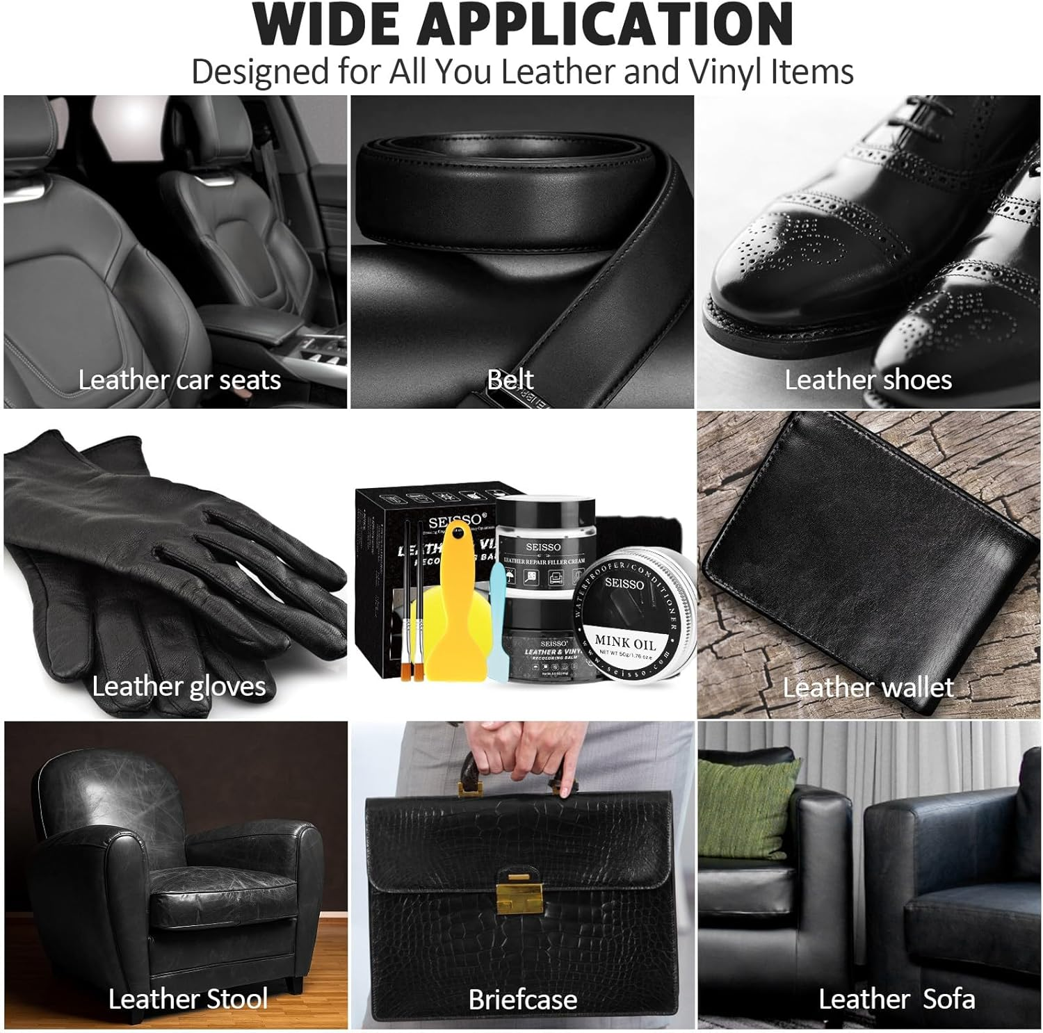 SEISSO Dark Black Leather Repair Kit, Recolouring Balm Restore Furniture Scratches and Fading with Mink Oil for Car Seats Sofas and Shoes