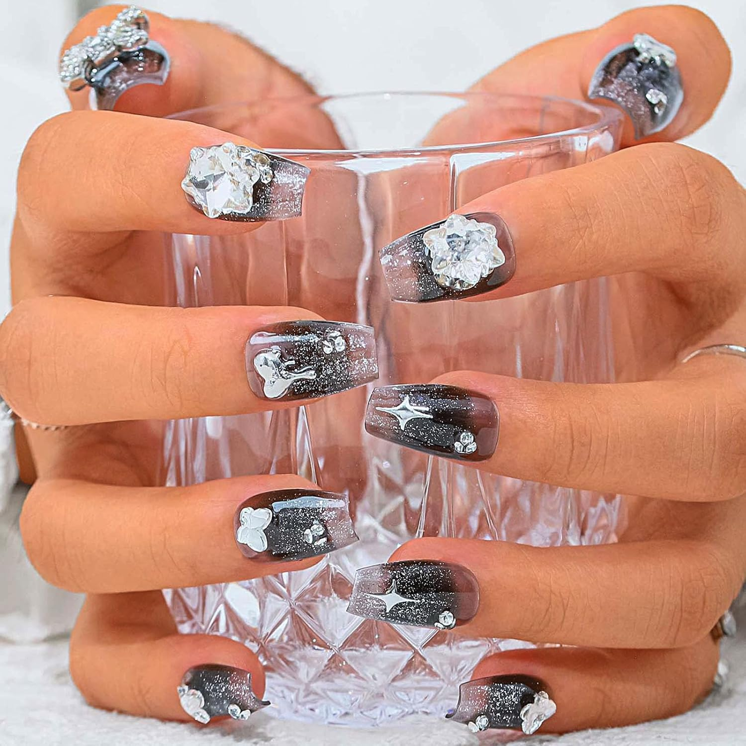 Sethexy Black Gradient Rhinestone Handmade Artificial Nail 3D Crystal Medium Coffin False Nails Sparkle Shiny Press on the Nail Salon Quality for Women and Girls (G)