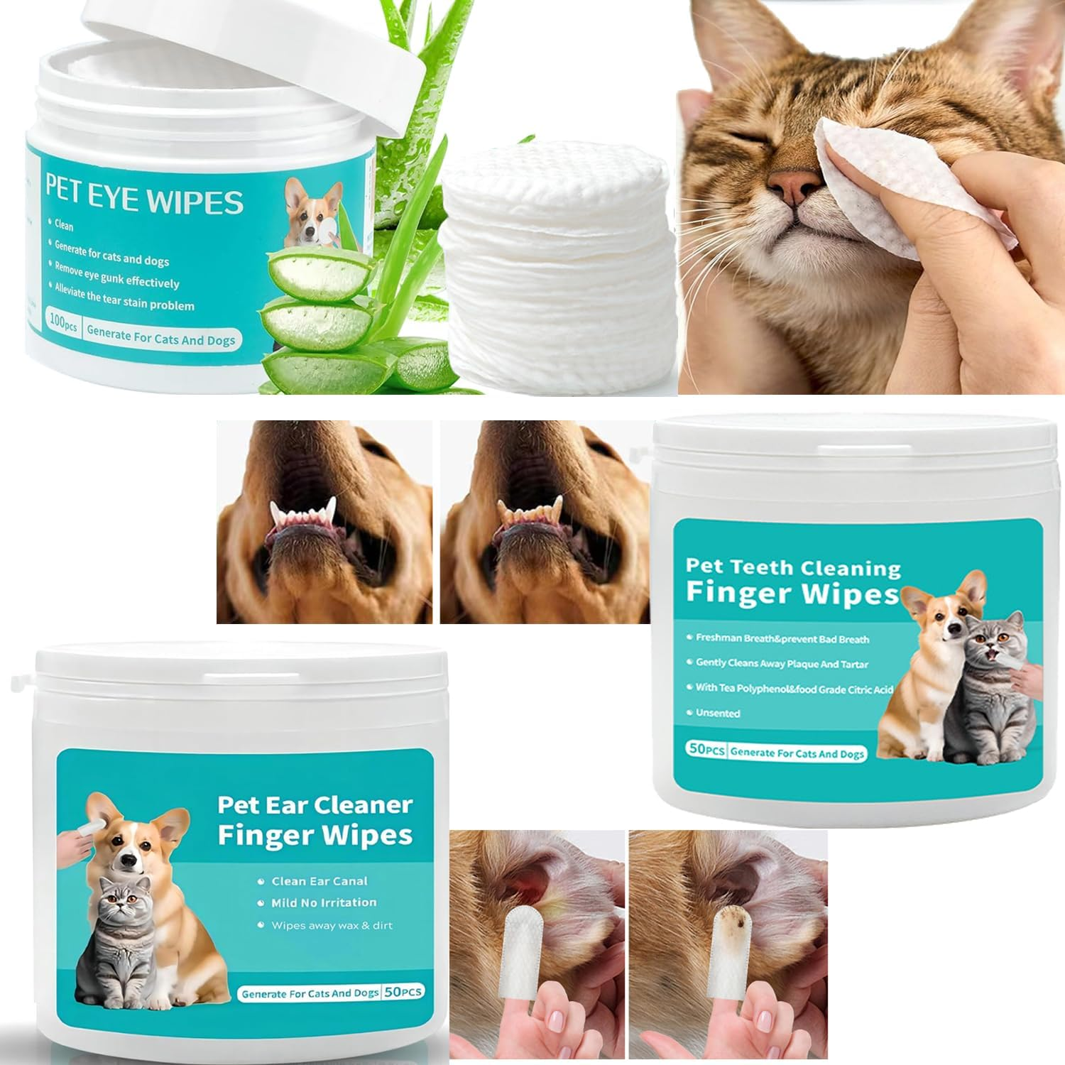 Mumoo Bear Pet Cleaning Wipes Ear Finger Wipes Teeth Finger Wipes and Eyes Wipes for Clean Dogs & Cats Ear Wax,Remove Plaque & Tartar Buildup and Reduce Tear Stains,Non-Irritating image number 2