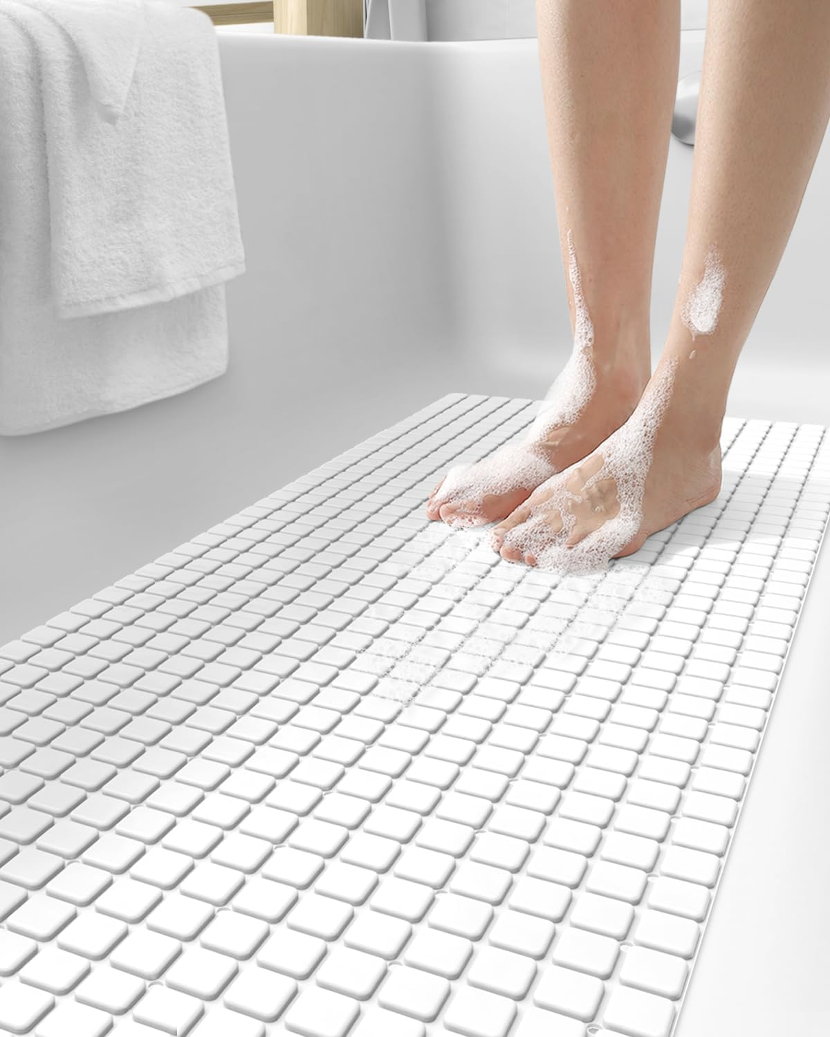 DEXI Bath Tub Shower Mat Non-Slip 16 X 39 Extra Long Bathtub Mats, Suction Cups, Drain Holes, Machine Washable Bathroom Mat, White image number 6