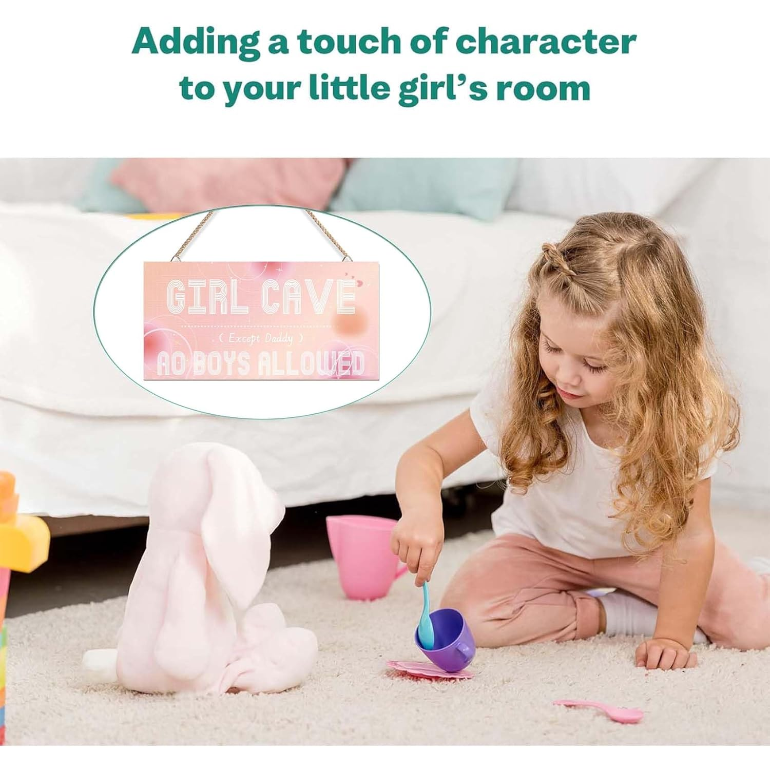 DUMING-IN Girl Cave Sign, 12"X6" Cute and Funny Girl Cave Hanging Wooden Door Sign Wall Decor, Kids Room Signs for Door, No Boys Allowed Sign, Room Decor for Teen Girls (Pink) image number 2