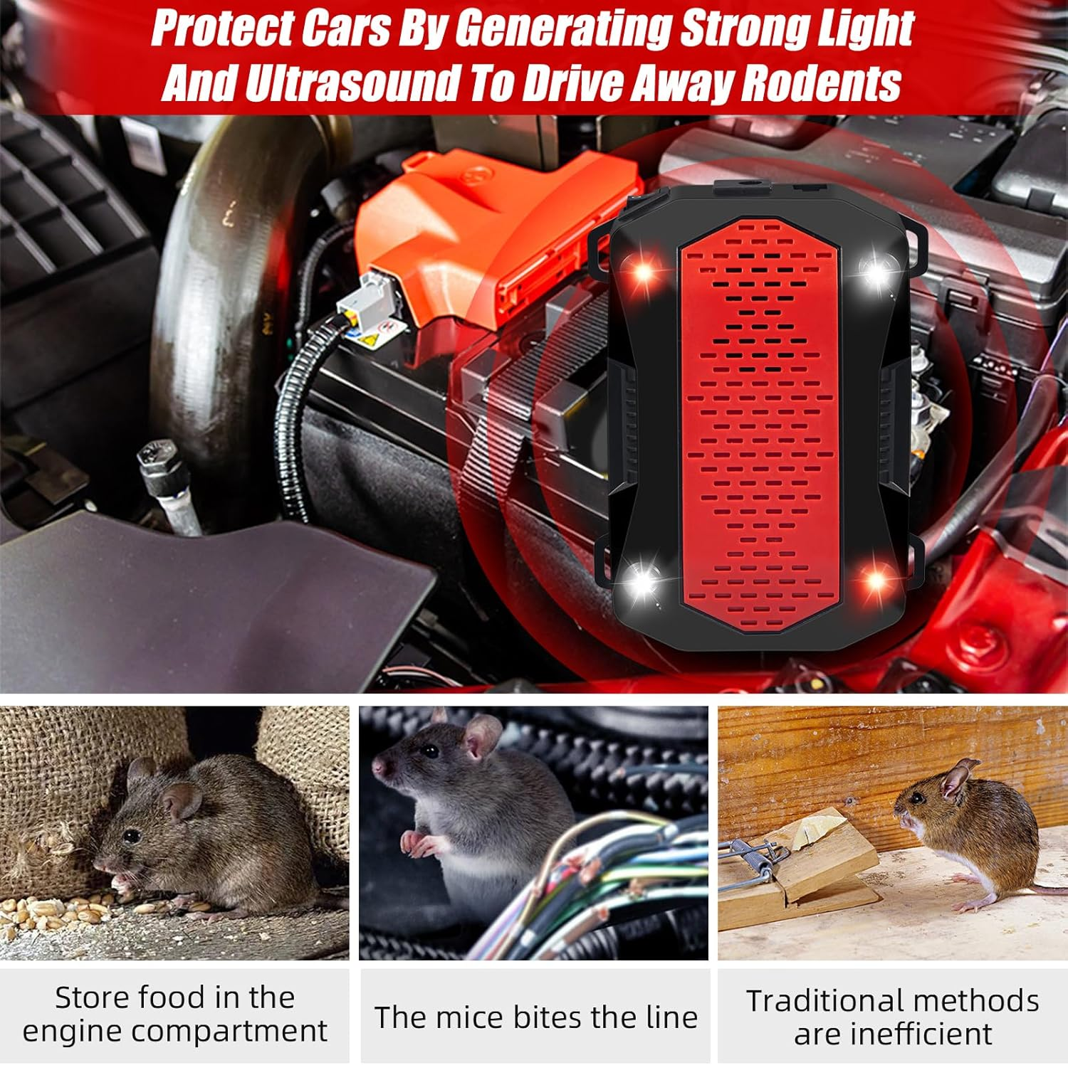 2 Pack Ultrasonic Rodent Repellent under Hood Animal Repeller Battery Powered with Red & White Strobe Lights Rat Deterrent Out of Car Engines Rodent Defense Vehicle Protection image number 4