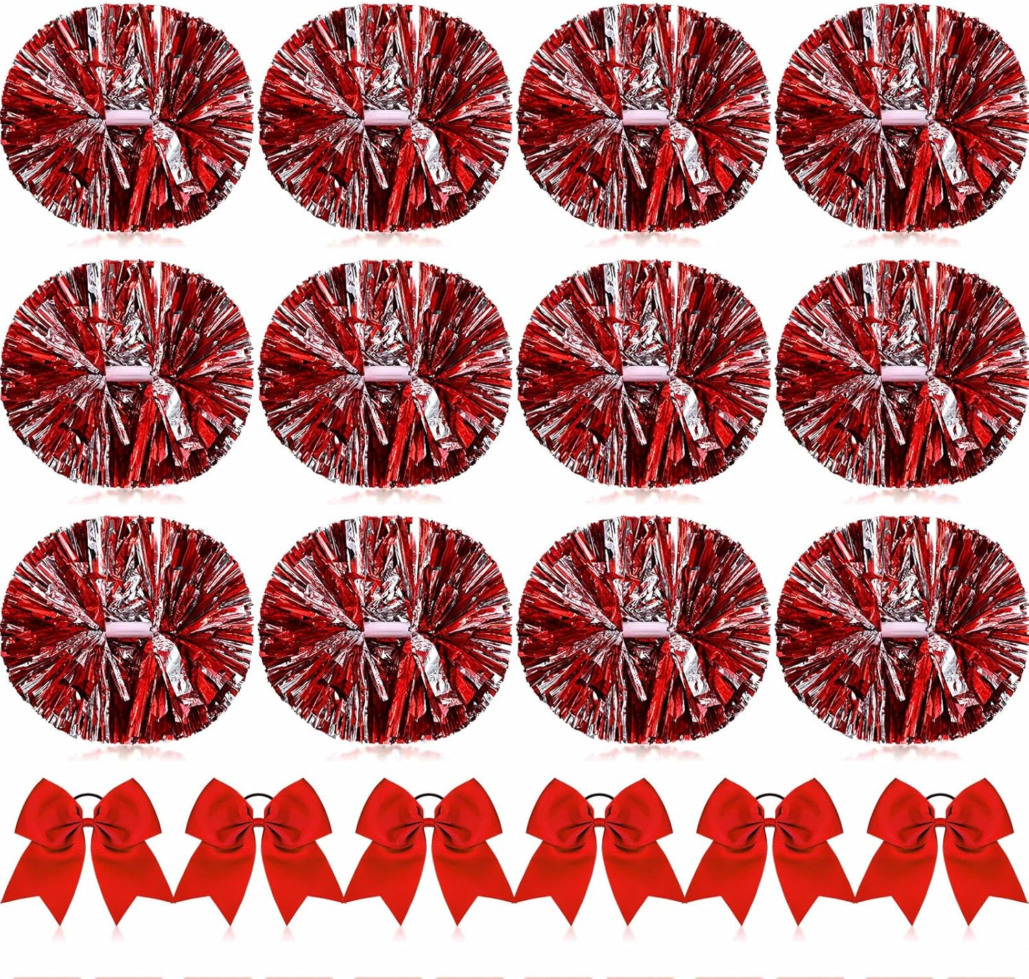 12 Pack 14 Inch Cheerleading Pom Poms and 6 Large Cheerleader Bow Cheer Pom Poms with Baton Handle and Cheerleader Hair Bows for Teen Girls Softball Dance Cheerleader Outfit Uniform (Red) image number 6