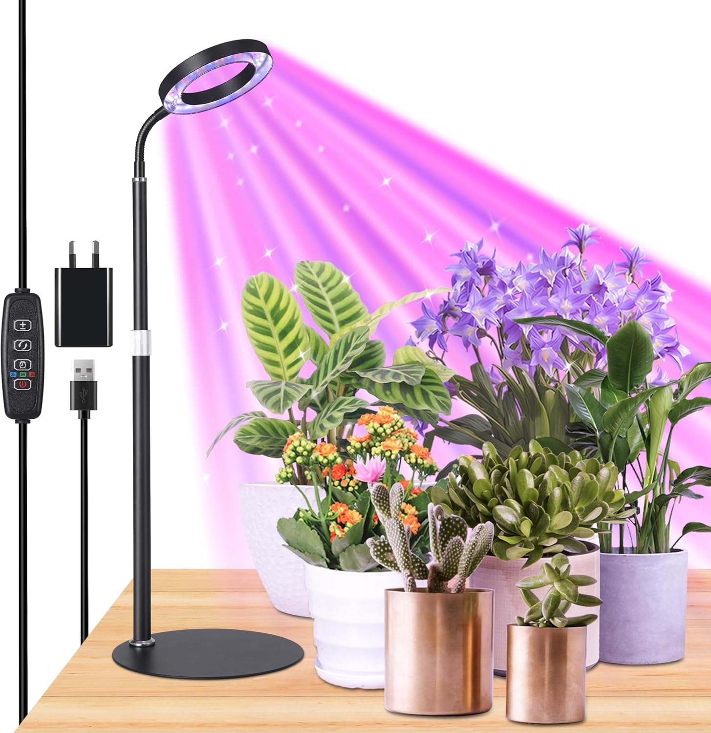 Black Desk Grow Light for Indoor Plants, Full Spectrum Red Blue White Light Plant Light with Base, Grow Lamps with 3/9/12H Timer, 13"-23.5" Height Adjustable, 10 Brightness Levels