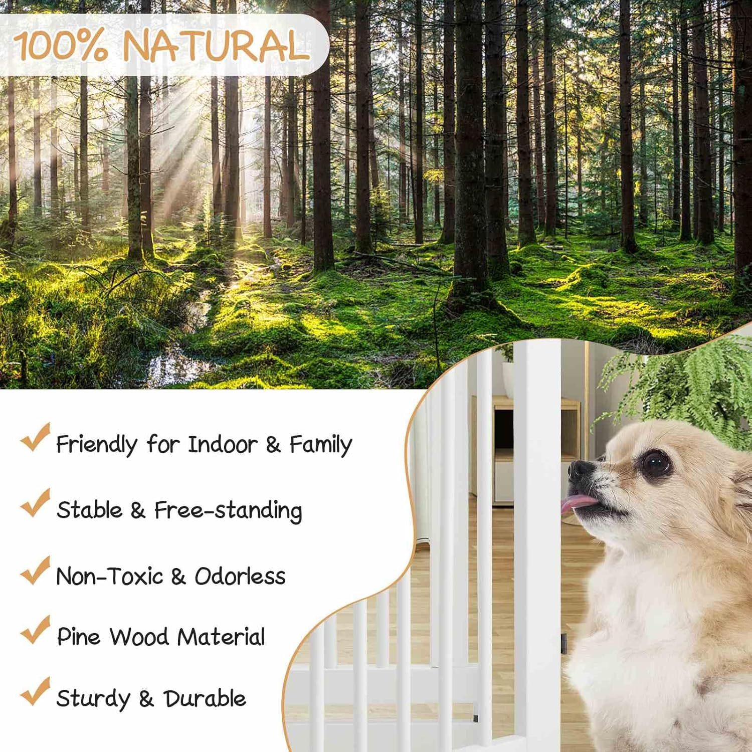 Costway 207 X 77 Cm Freestanding Pet Gate, 4 Panel Retractable Wooden Folding Dog Fence W/Walk through Door, 360&deg; Rotatable, Indoor Safety Gates for Stairs Doorways Hallways Bedrooms (White, 4 Panel) - White image number 2