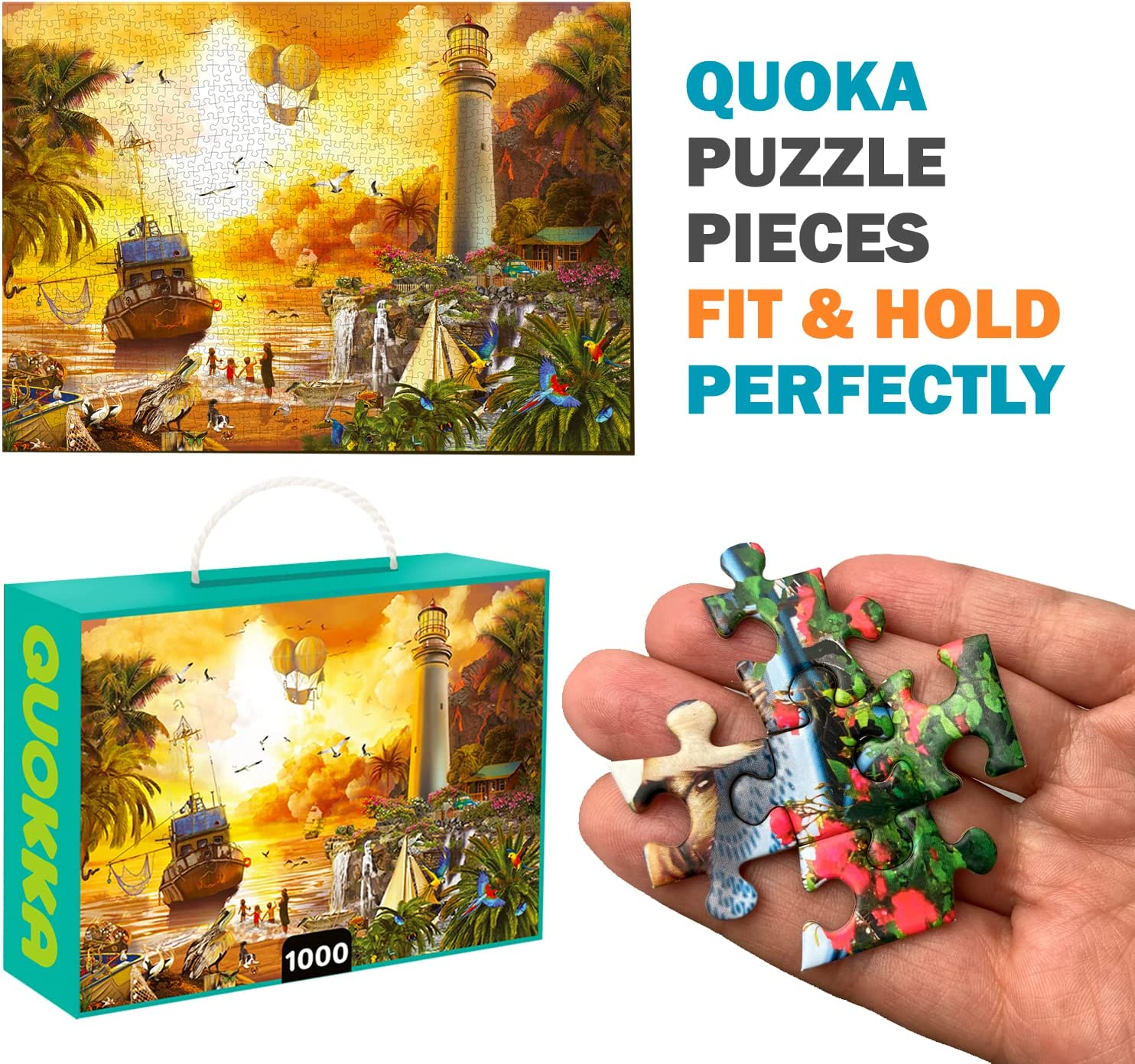 QUOKKA Puzzles for Adults 1000 Pieces and up - 3 Pack of 1000 Piece Puzzles for Kids Ages 8-10-12 - Enjoy Market, Lighthouse and Camping Designs for Women and Men image number 6