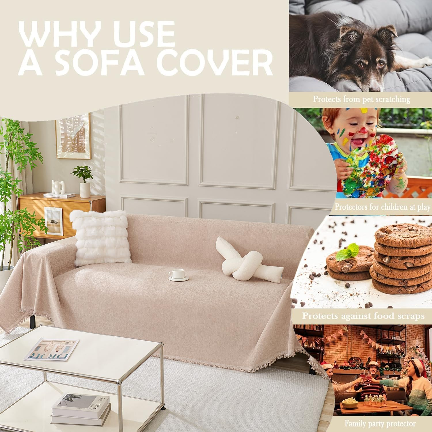 Couch Covers for Dogs, Chenille Sofa Cover,L-Shape Sofa Slipcovers - Washable Sectional Protector, Non-Slip Furniture Covers with Tassel, Boho Style Pet-Friendly (Khaki, L(180Cm*300Cm)) image number 4