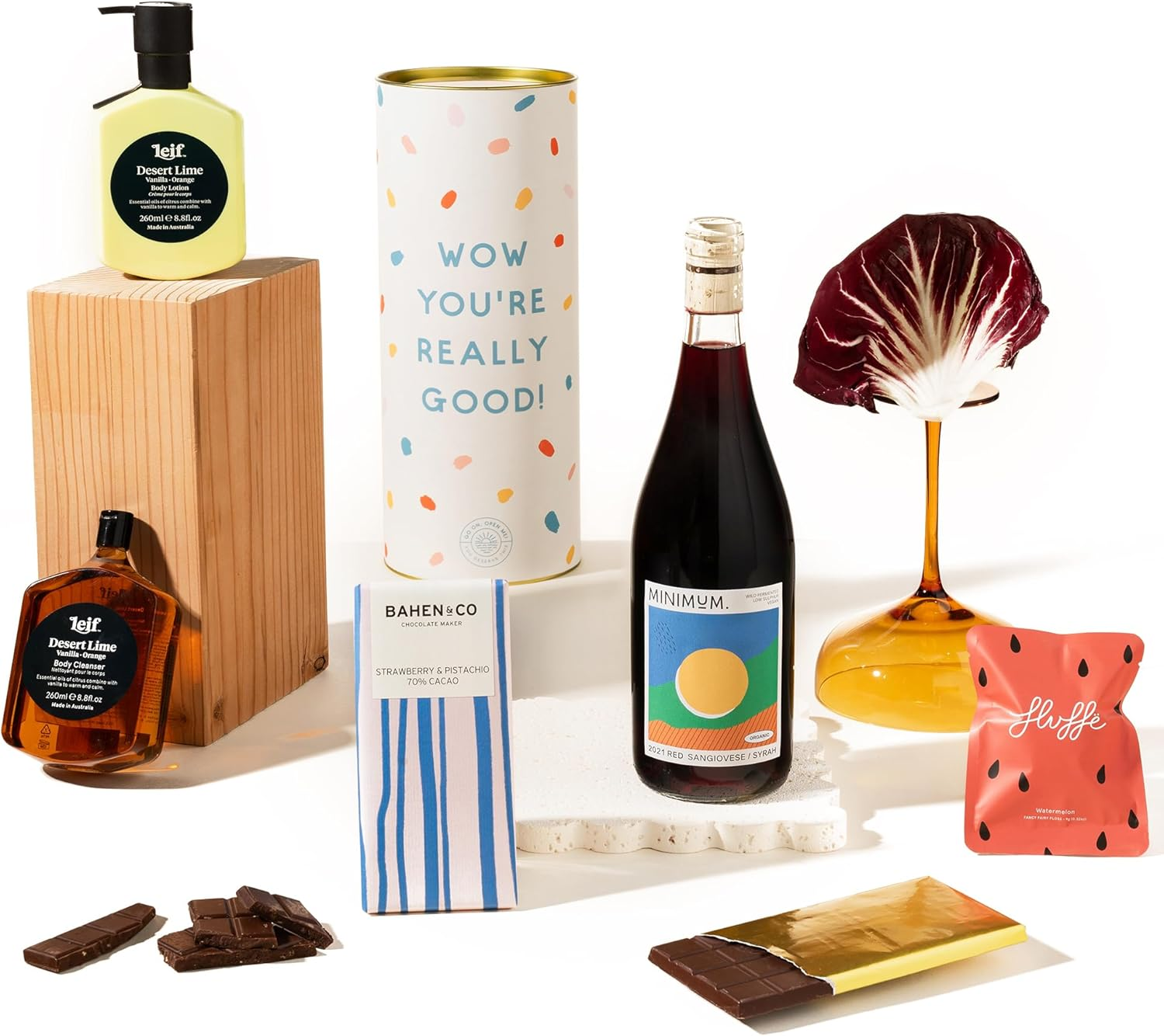 Luxury Spa & Wine Gift Hamper | Laughing Lisa Gift Box by Good Day People | Premium Self-Care Hamper with Wine Choice, Bahen & Co. Chocolate, Fairy Floss, Leif Body Wash & Body Lotion Gift Set &ndash; Pamper Hamper for Her Gift, Great for Birthdays, Anniversaries & Pampering Gifts (Red Wine) image number 4
