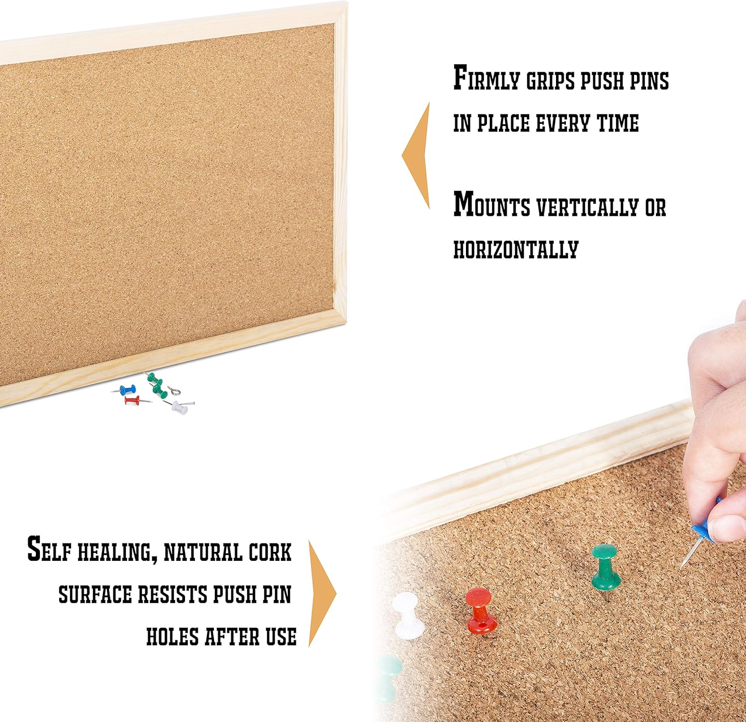 KAV - Cork Notice Office Memo School with 6 Push Pins Classic Wood Natural Frame Board, Brown (Various Sizes to Choose From) (300MM X 400MM) image number 1