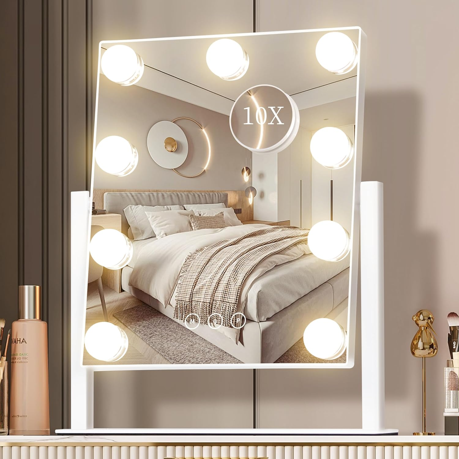NUSVAN Vanity Mirror with Lights, Makeup Mirror with Lights,3 Color Lighting Modes Detachable 10X Magnification Mirror Touch Control,360&deg;Rotation, White.