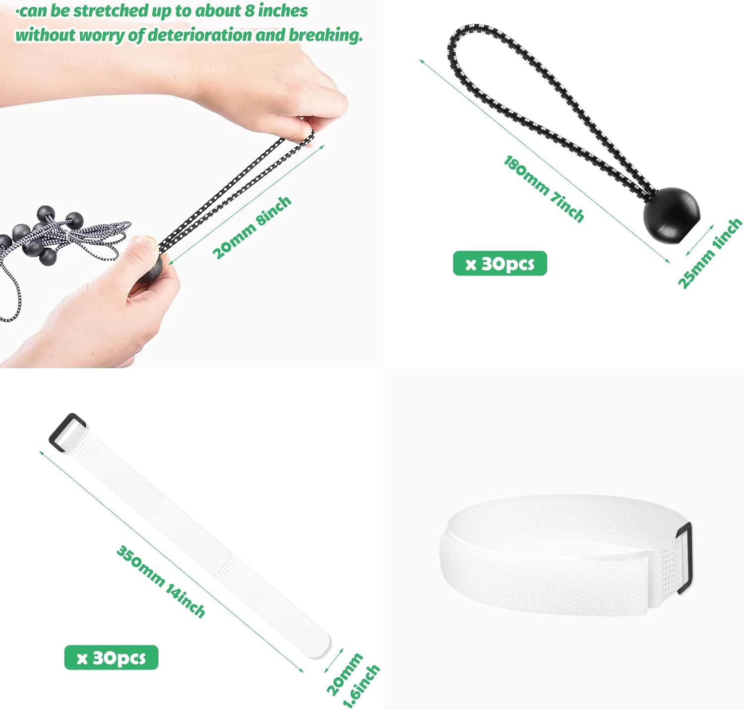 60Pcs Soccer Net Fastener Set, White Self Stick Soccer Attachment Straps and Black 5.9&rdquo; Ball Bungee Cords Soccer Rebounder Accessories for Holding Soccer Training Soccer Goals Camping Tent image number 4