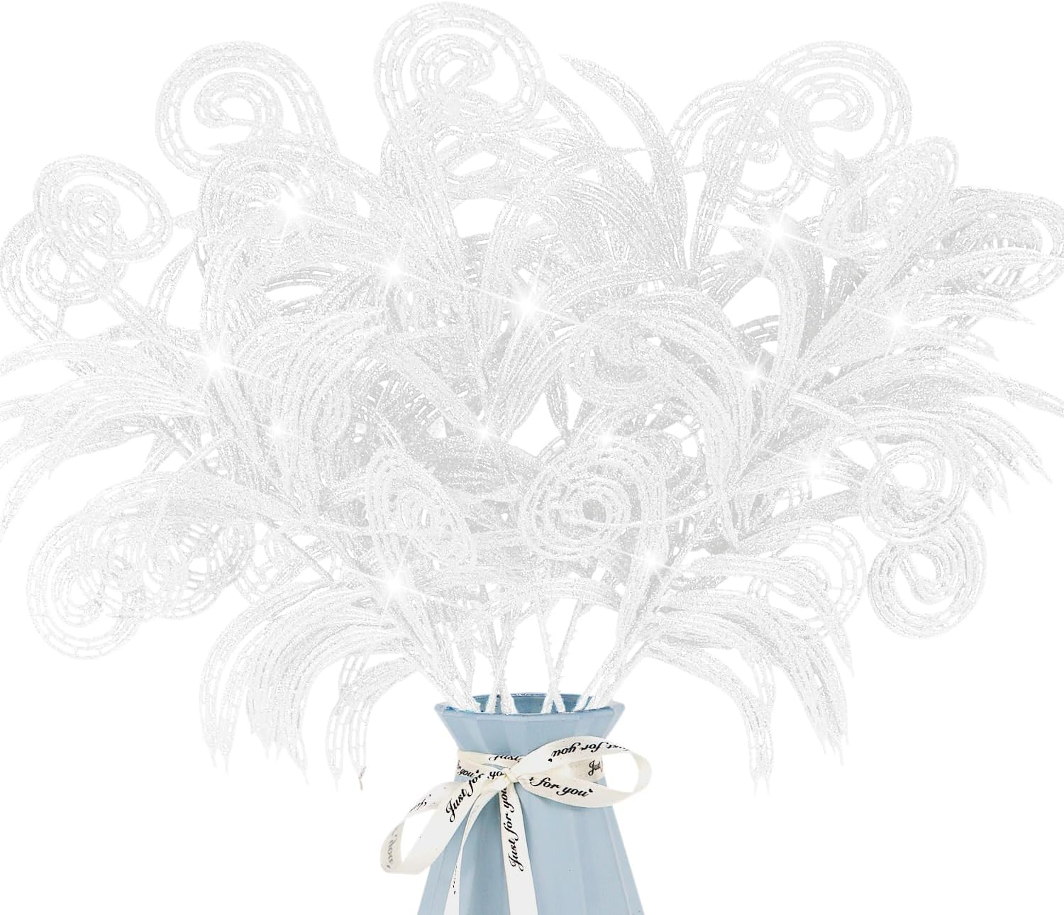 12 Pcs Glitter Christmas Leaves, Artificial Leaf Spray Picks Christmas Foliage Christmas Tree Filler Branches Christmas Wreath Decor for DIY Wreath Wedding Table Centerpiece Decorations (White) - Pink image number 3