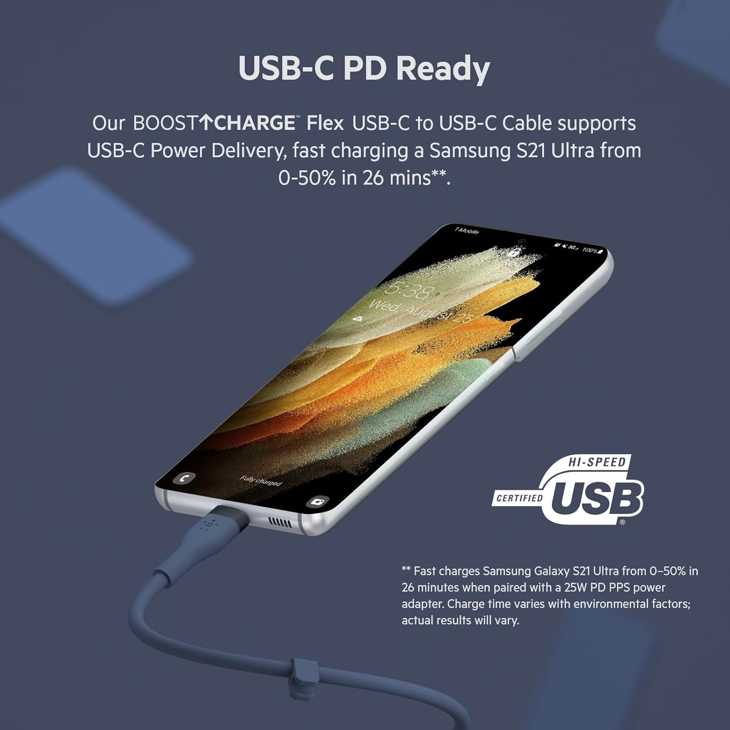 Belkin Boostcharge Flex Silicone USB C Charger Cable, USB-IF Certified USB Type C to USB Type C Charging Cable for Iphone 16, 15, Galaxy S24, S23, Ipad, Macbook, Note, Pixel and More - 1M, Blue image number 3