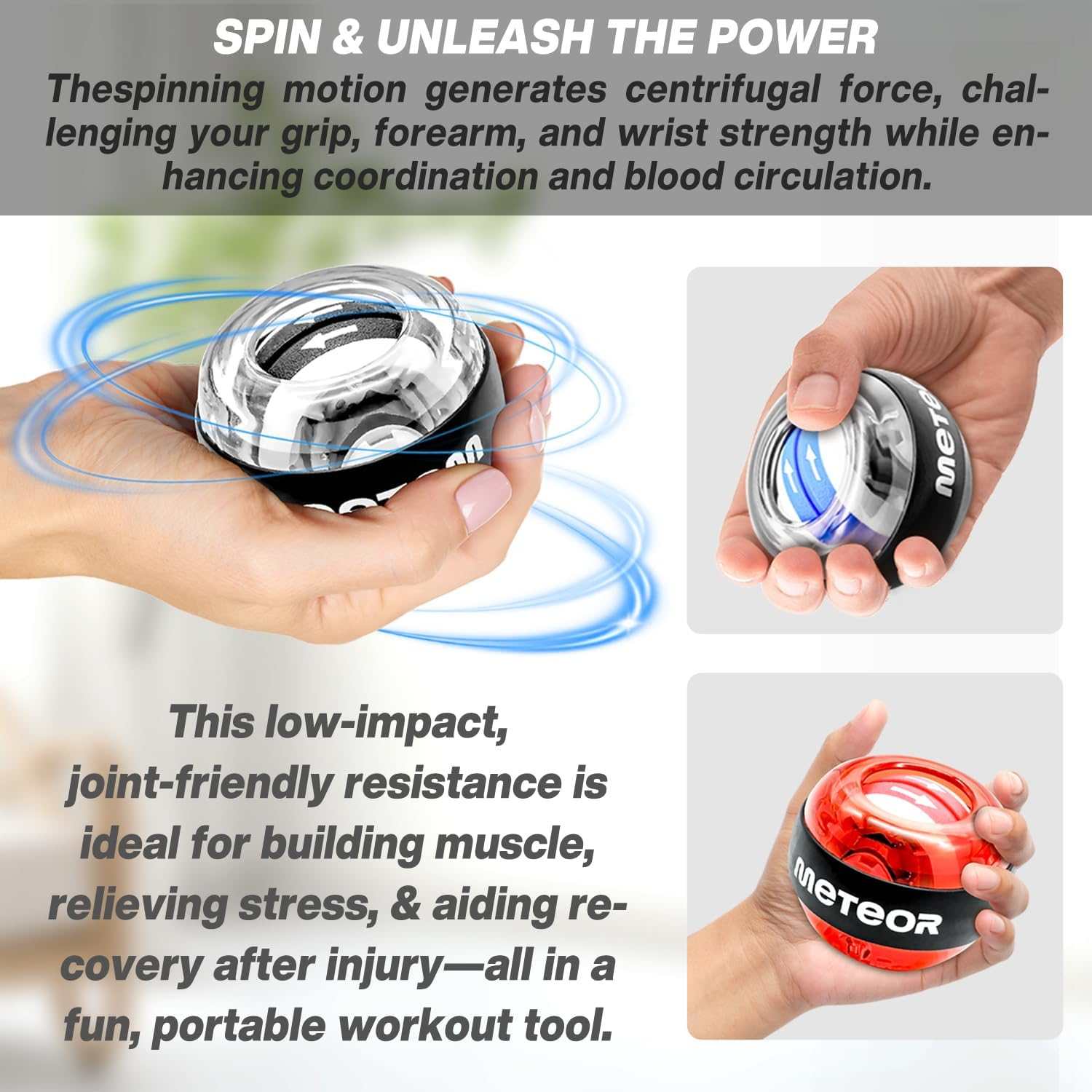 METEOR Wrist Trainer Ball &ndash; Auto-Start Gyroscopic Wrist Strengthener, Forearm Exerciser for Strengthening Arms, Fingers &ndash; Portable Gyro Ball with Colorful Lighting image number 2