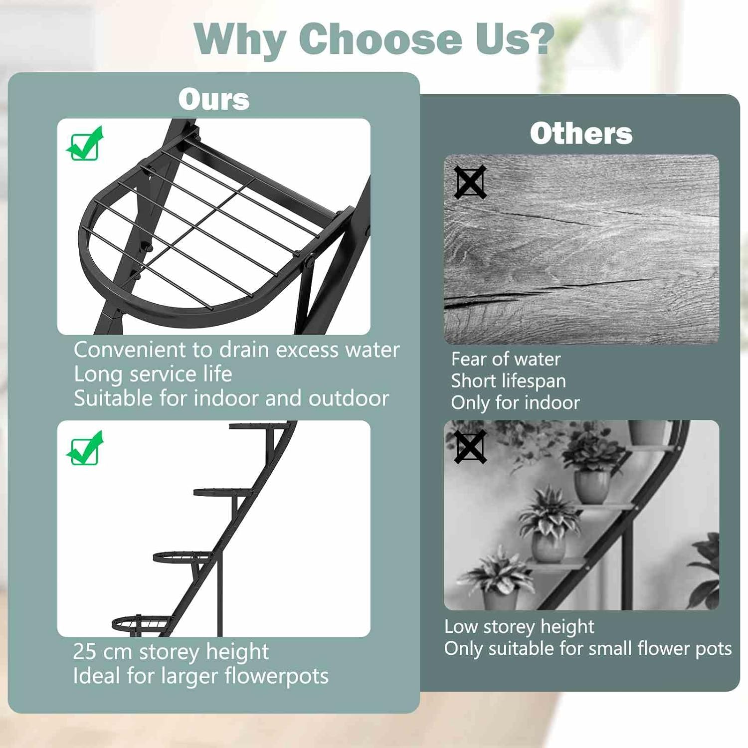 Costway 5 Tier Metal Plant Stand, Heart-Shaped Ladder Plant Shelf W/Hanging Hook for Multiple Plants, Indoor Tiered Flower Display Shelf for Living Room Bedroom Balcony (2 Pack) (Black) - Black image number 4