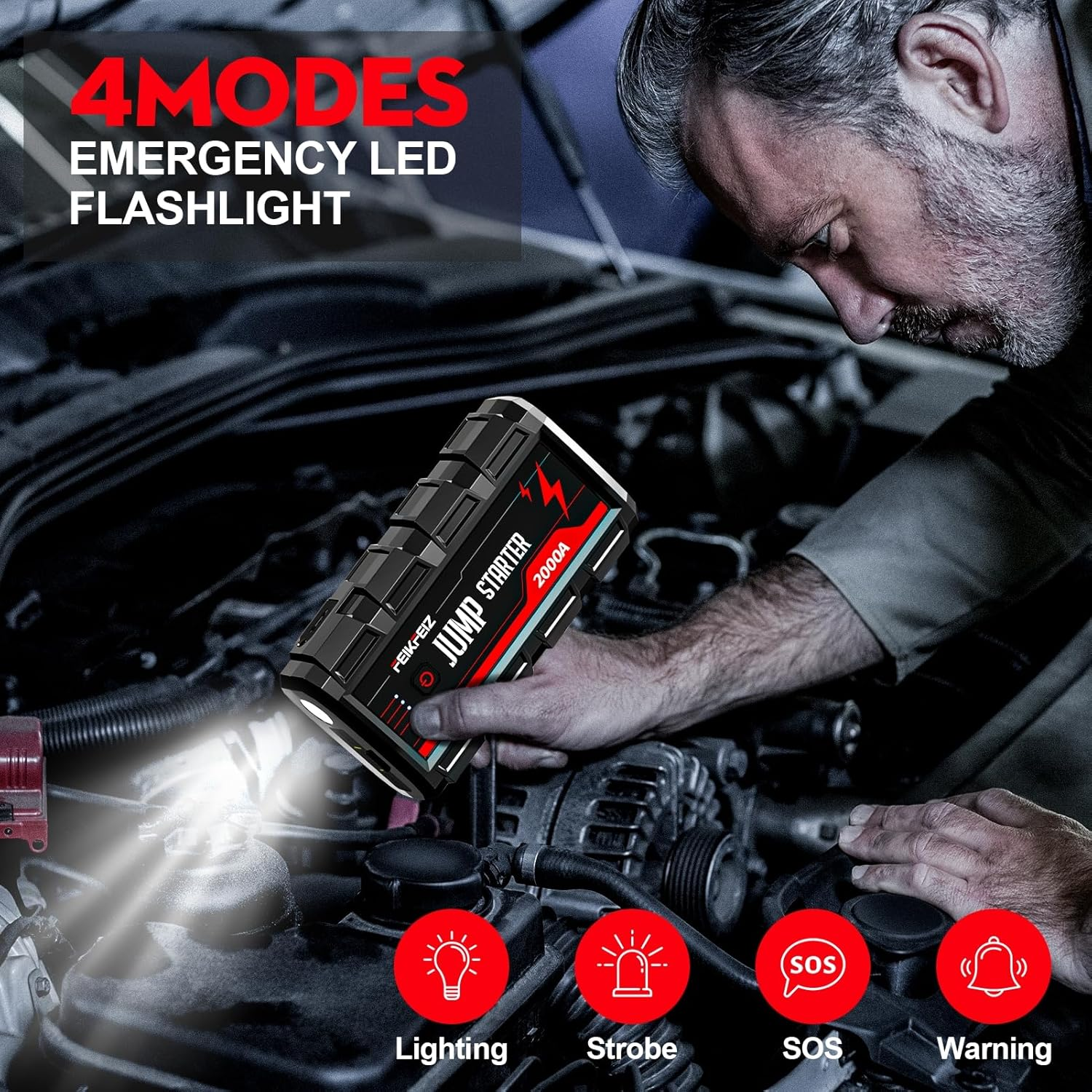 Car Jump Starter, 2000A Peak 16800Mah 12V Car Battery Starter(Up to 8.0L Gas, 6.0L Diesel Engine), with USB Quick Charge 3.0,LED Light. image number 3