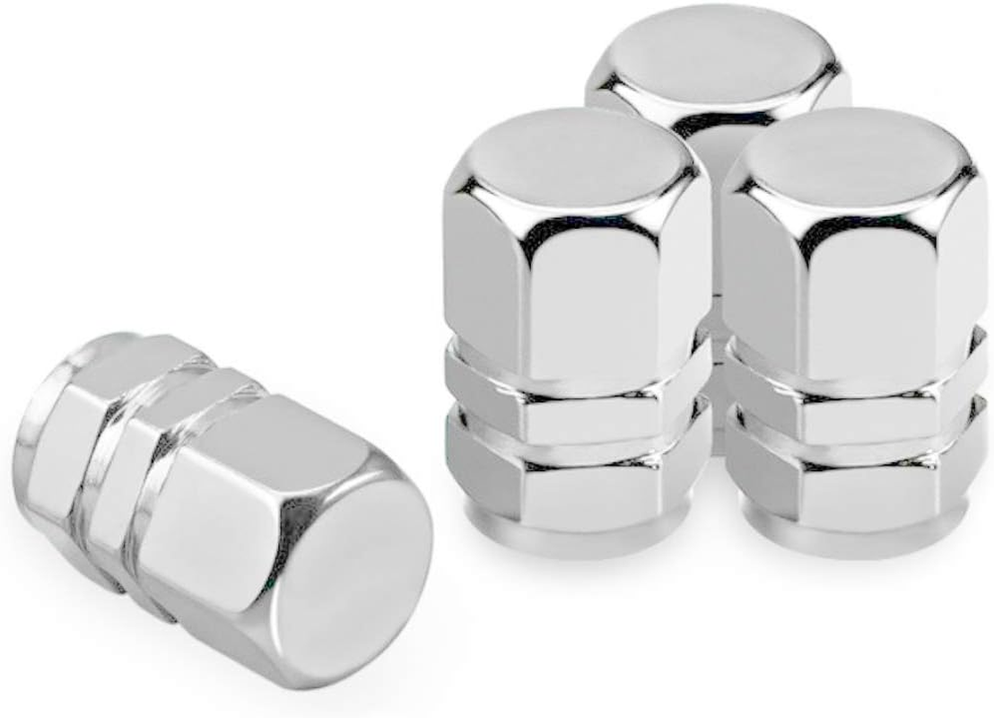 Marcraft Silver Metal Tyre Wheel Alloy Valve Caps Dust Caps (4 Pack) Universal for Cars, Suvs, Bicycles, Motorcycles, Trucks | Heavy-Duty Rubber Airtight Seal | Hex Shape Aluminium Alloy | Screw-On