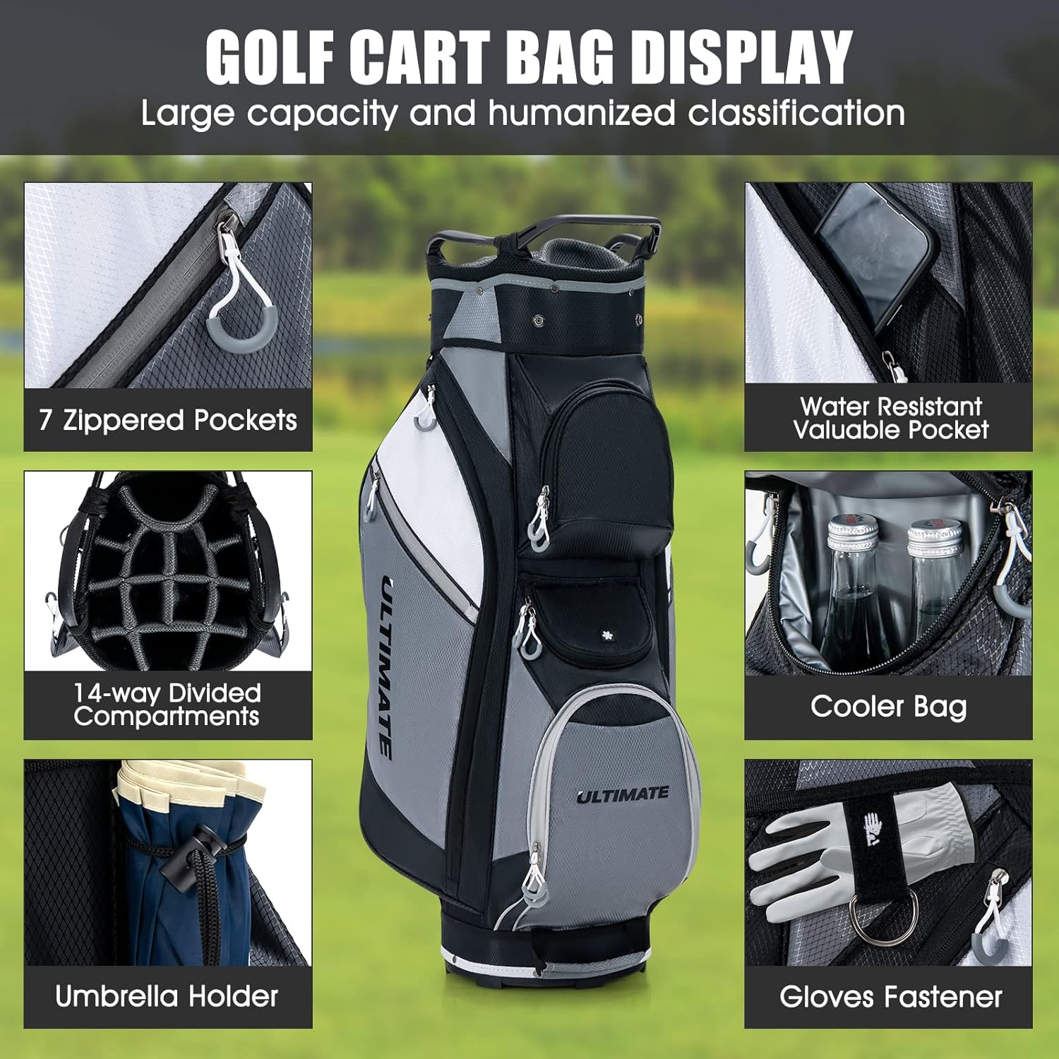 Costway 14-Way Golf Cart Bag, Lightweight Portable Golf Club Bag with Cooler Bag, Waterproof Valuable Pocket, Rain Hood, Carry Handles and Shoulder Strap, Golf Cart Bag for Men and Women image number 6