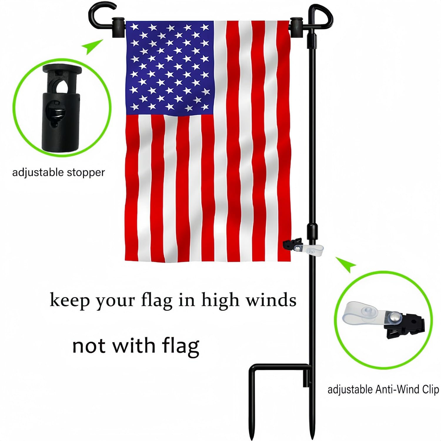 Garden Flag Stand-Holder-Pole with Garden Flag Stopper and Anti-Wind Clip 36.3"H X 16.5"W for USA Flag or Season Garden Flags Keep Your Flags from Flying Away in High Winds(2 Pack) image number 4