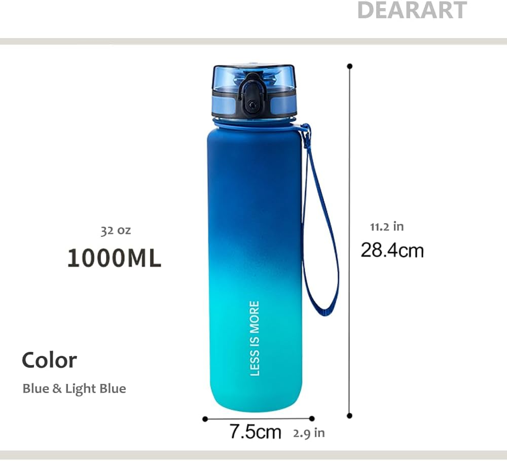 DEARART 1000Ml Blue Water Bottle with Motivational and Time Marker, BPA FREE Quick Drink without Straw, Suit Sports Office Gym School Ect. image number 4