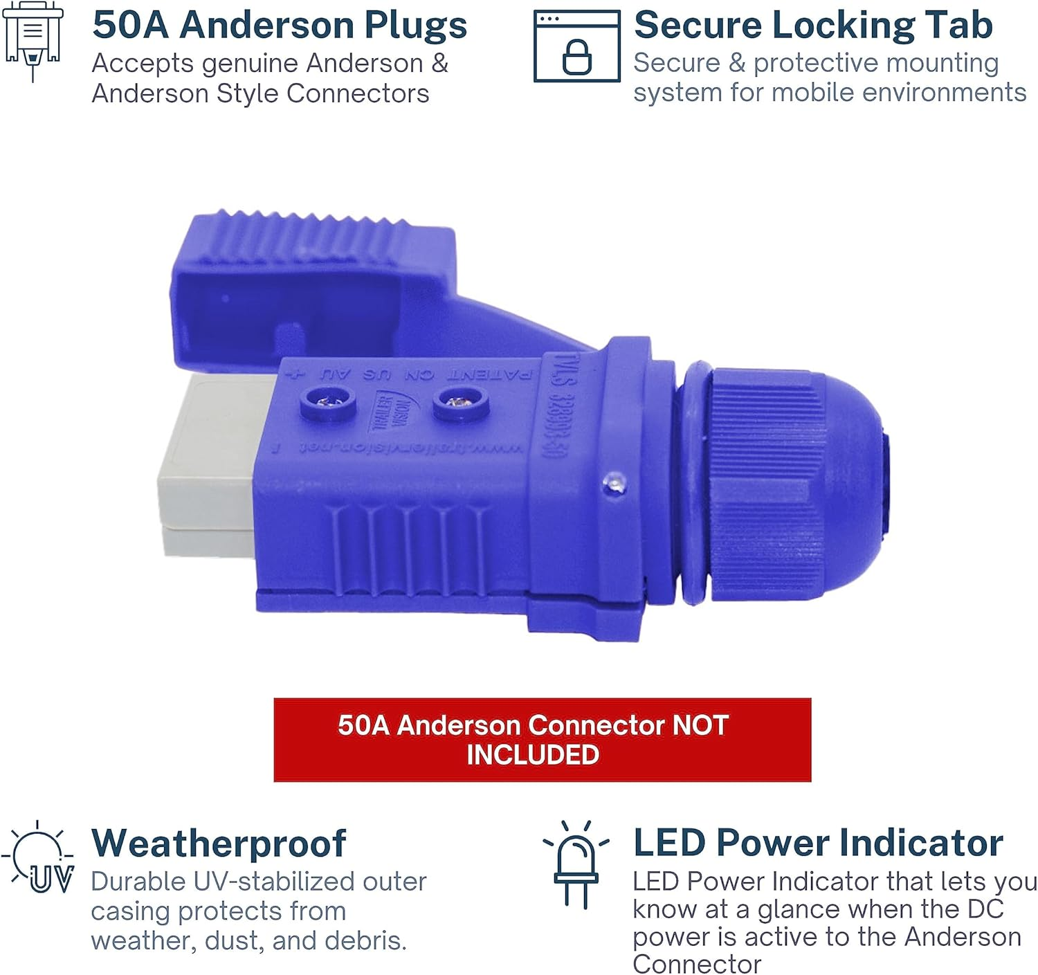 Trailer Vision 50 Amp Anderson Connector Cover Assembly with Rubber Dust Cap & LED - Protective Sleeve for SB50 Anderson Plugs Quick Connect System for Caravans Trailers Trucks Ute 4WD - 50A Blue image number 1