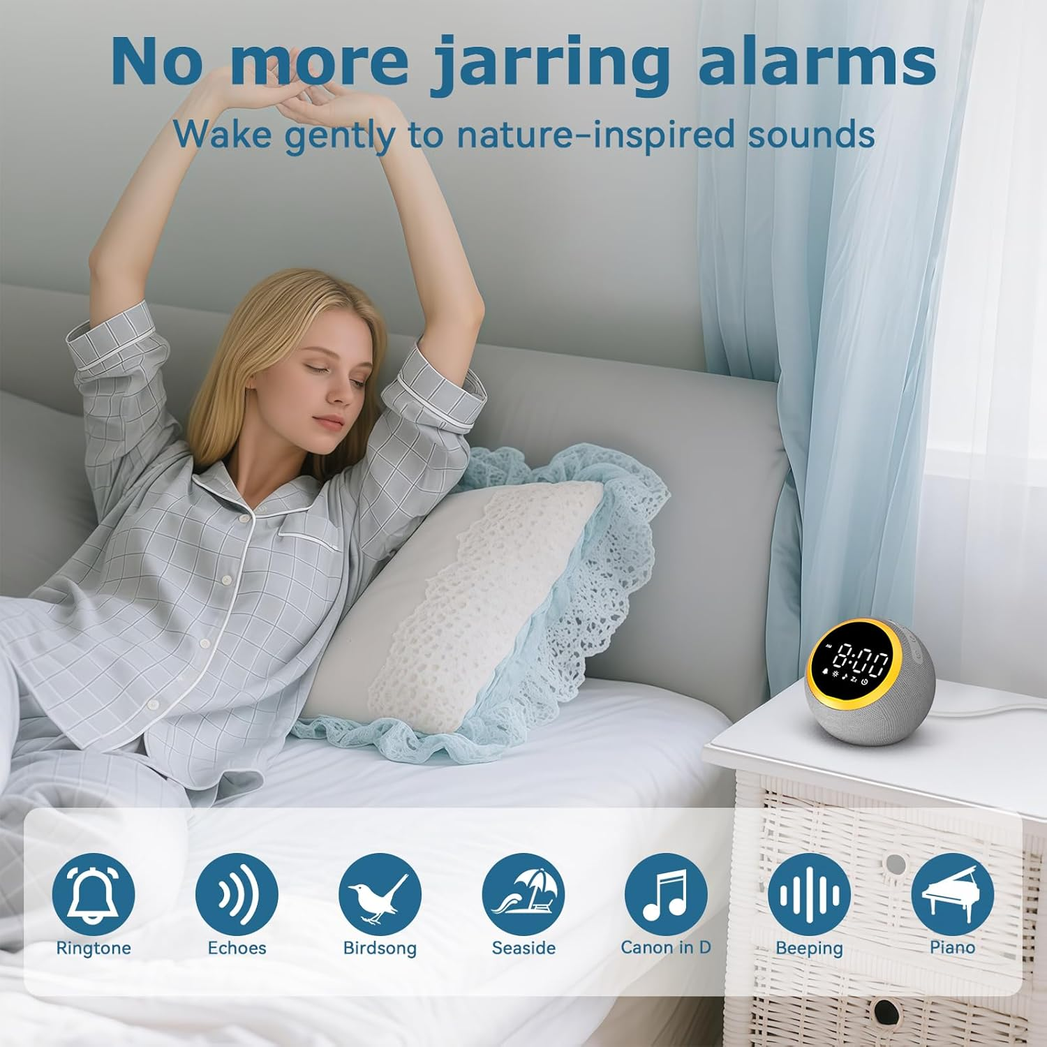 Alarm Clock, White Noise Machine, 25 Soothing Sounds, 7 Soft Wake-Up Sounds, 16 Adjustable Volume, Timer, Memory Function, Bedside & Digital Clock, Baby Night Light, Bedroom Decor Kids, Adults