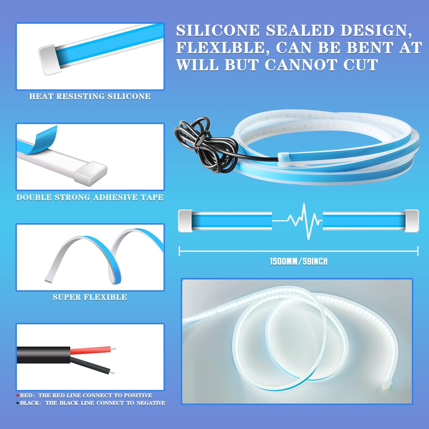 Kaidengzhe Car LED Hood Light Strip, 59 Inch 12V Flexible Waterproof Daytime Running Light, Universal Hood Starter Trim Hood Light Kit, Exterior LED Strip Light for Automotive SUV Truck, White, 1Pcs image number 6