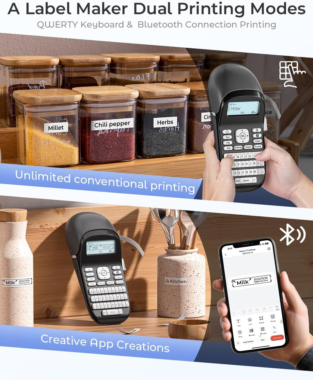 Phomemo Label Maker Machine with Tape-Label Maker with QWERTY Keyboard,Bluetooth Labeler Label Printer Machine with Backlit Screen, Multiple Symbols Borders Fonts for Home School Office Organization